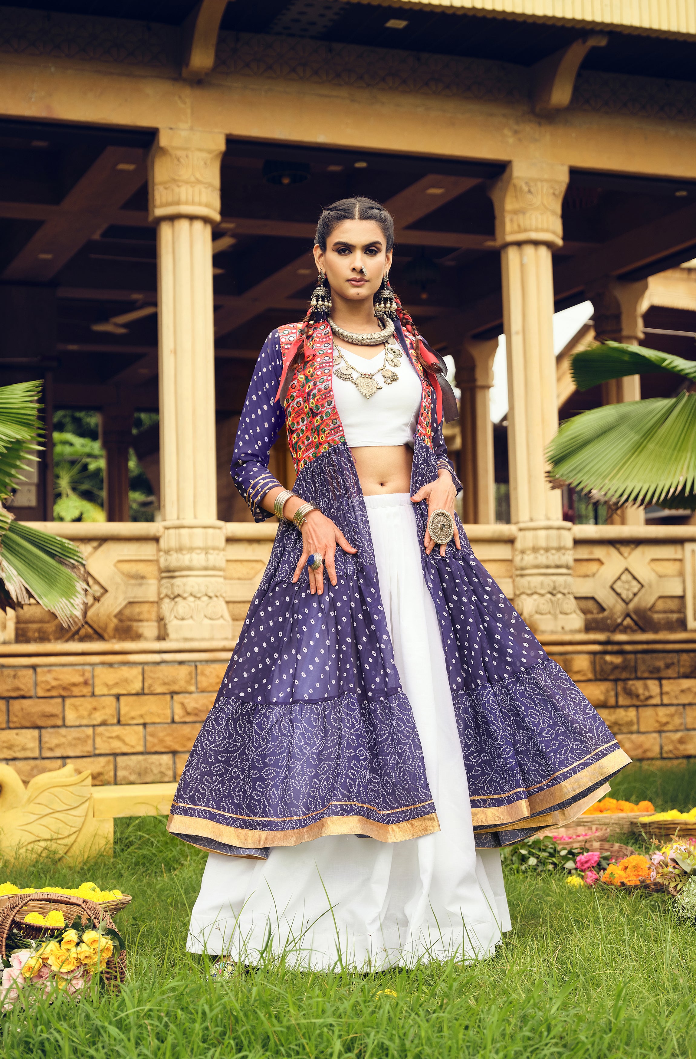 Navratri Shrug Lehenga Set with Blouse | Faux Georgette Bandhani Print & Embroidered Cotton Lehenga