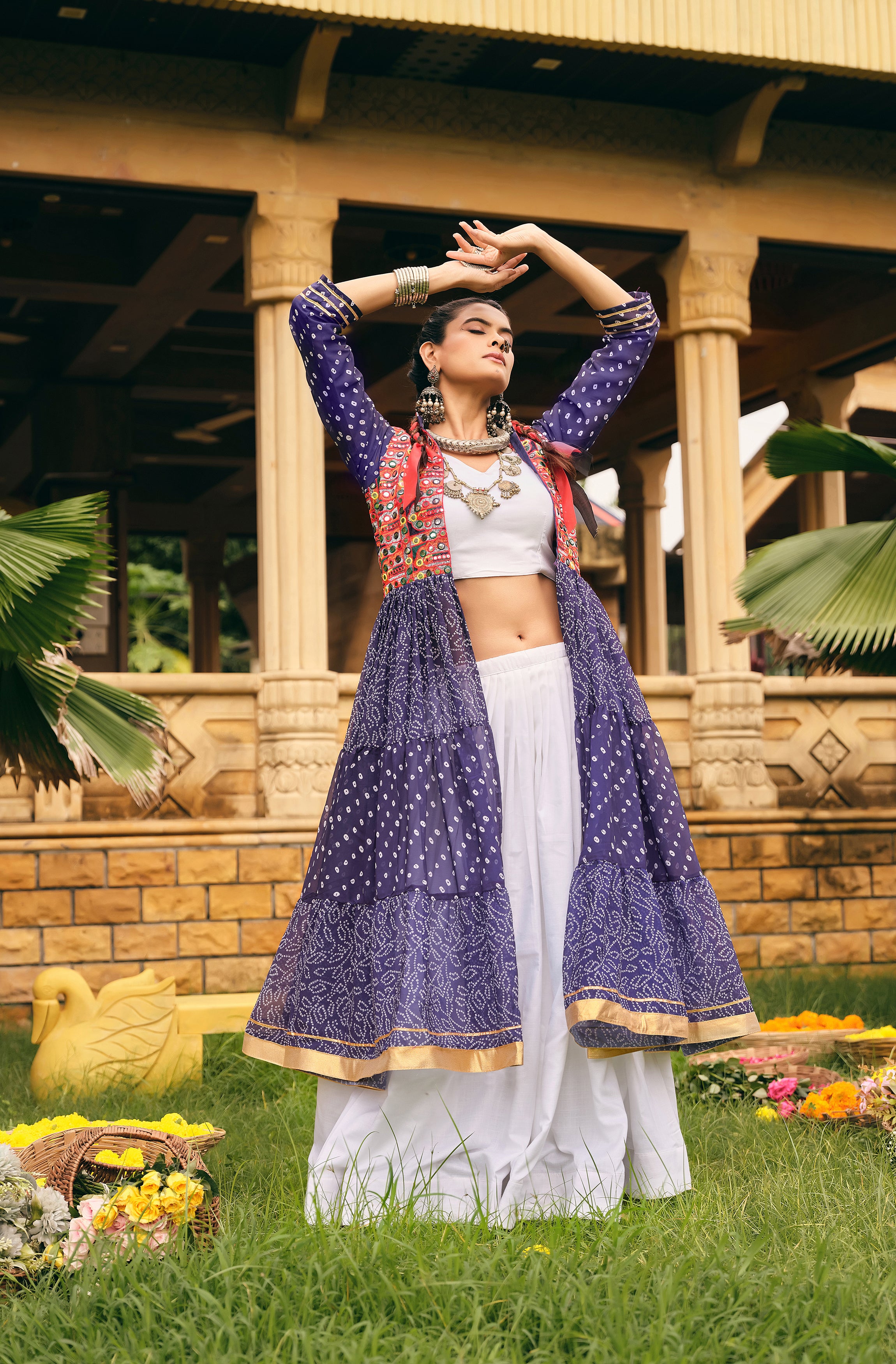 Navratri Shrug Lehenga Set with Blouse | Faux Georgette Bandhani Print & Embroidered Cotton Lehenga
