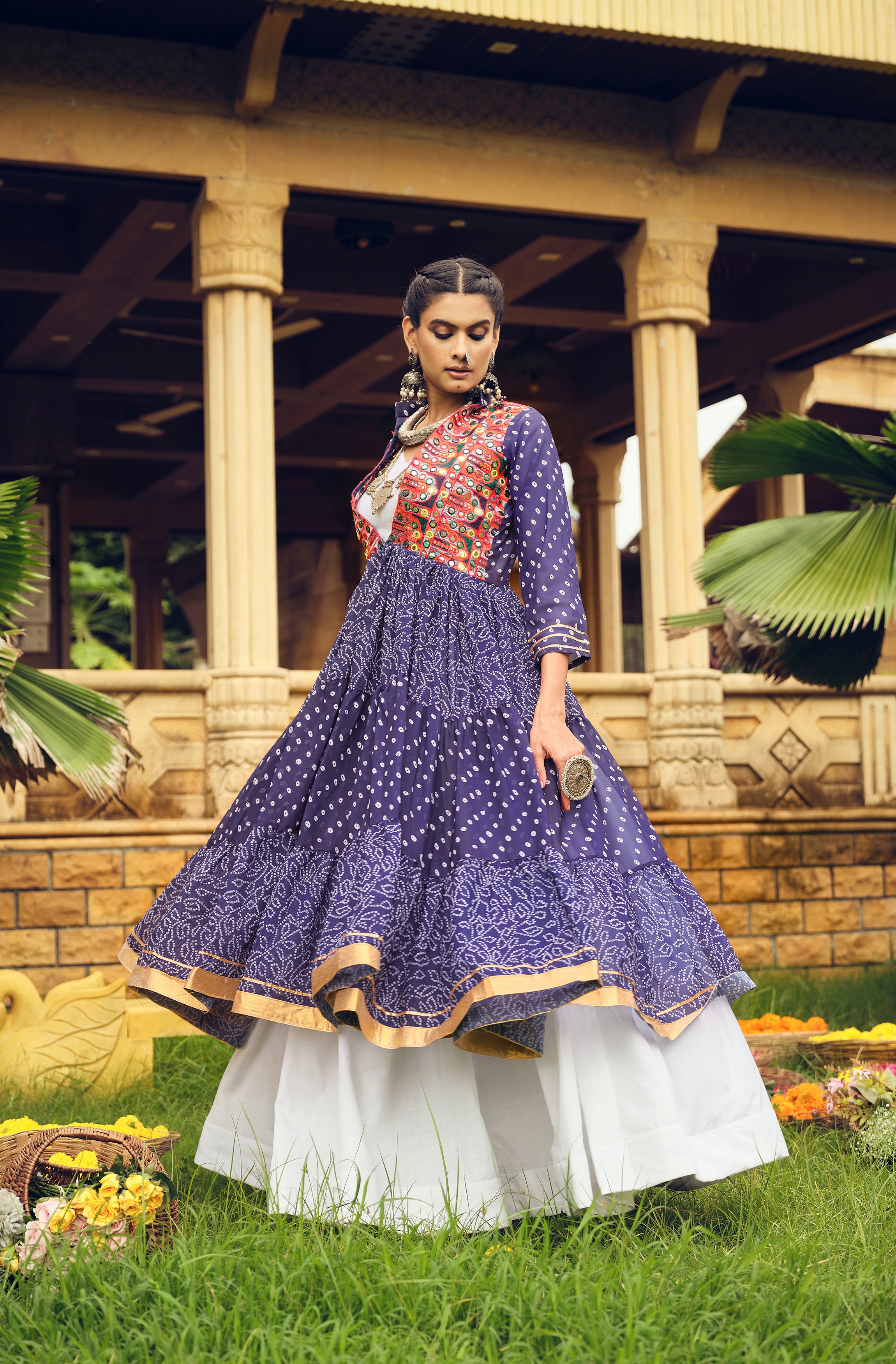 Navratri Shrug Lehenga Set with Blouse | Faux Georgette Bandhani Print & Embroidered Cotton Lehenga