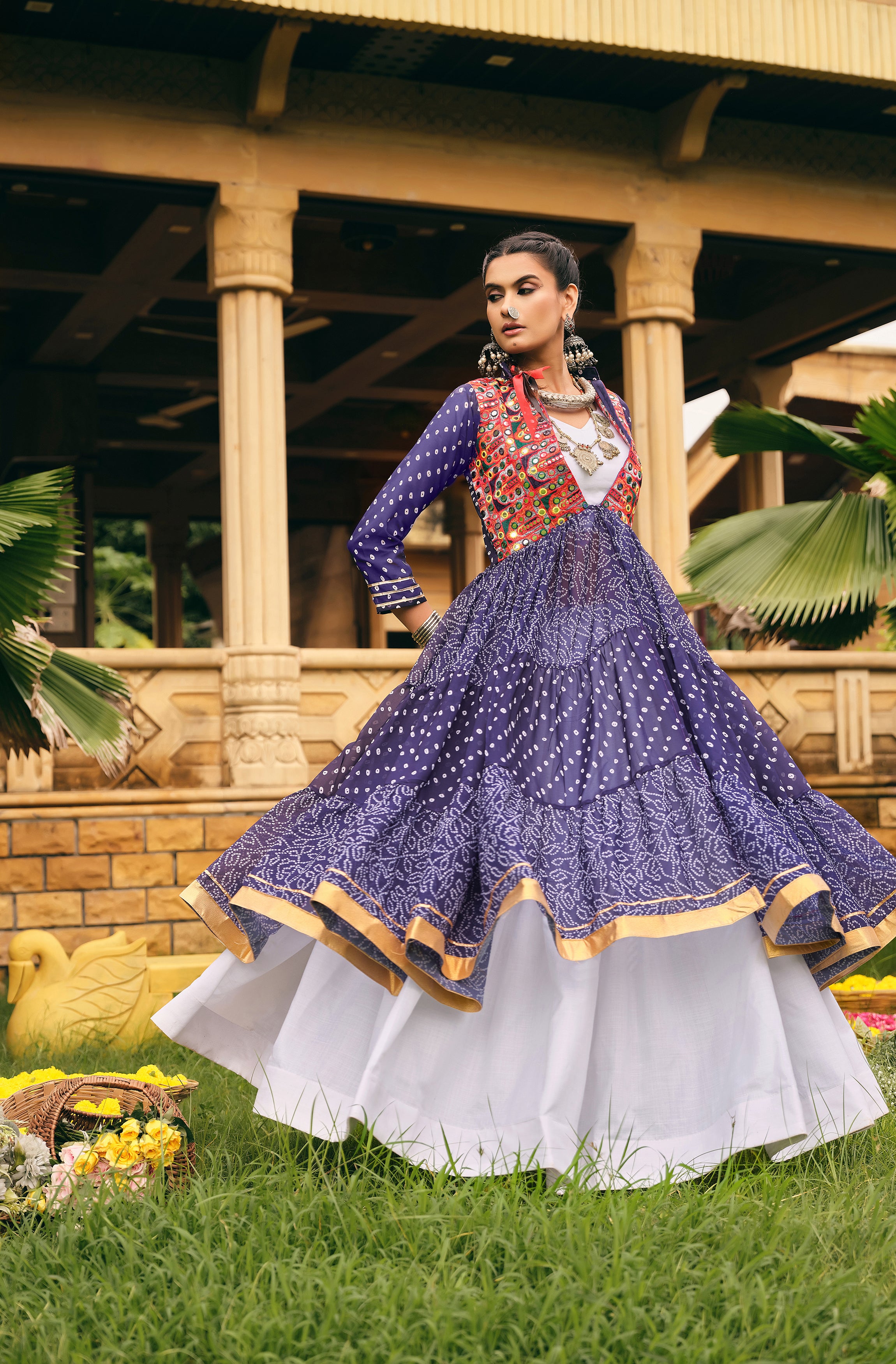 Navratri Shrug Lehenga Set with Blouse | Faux Georgette Bandhani Print & Embroidered Cotton Lehenga