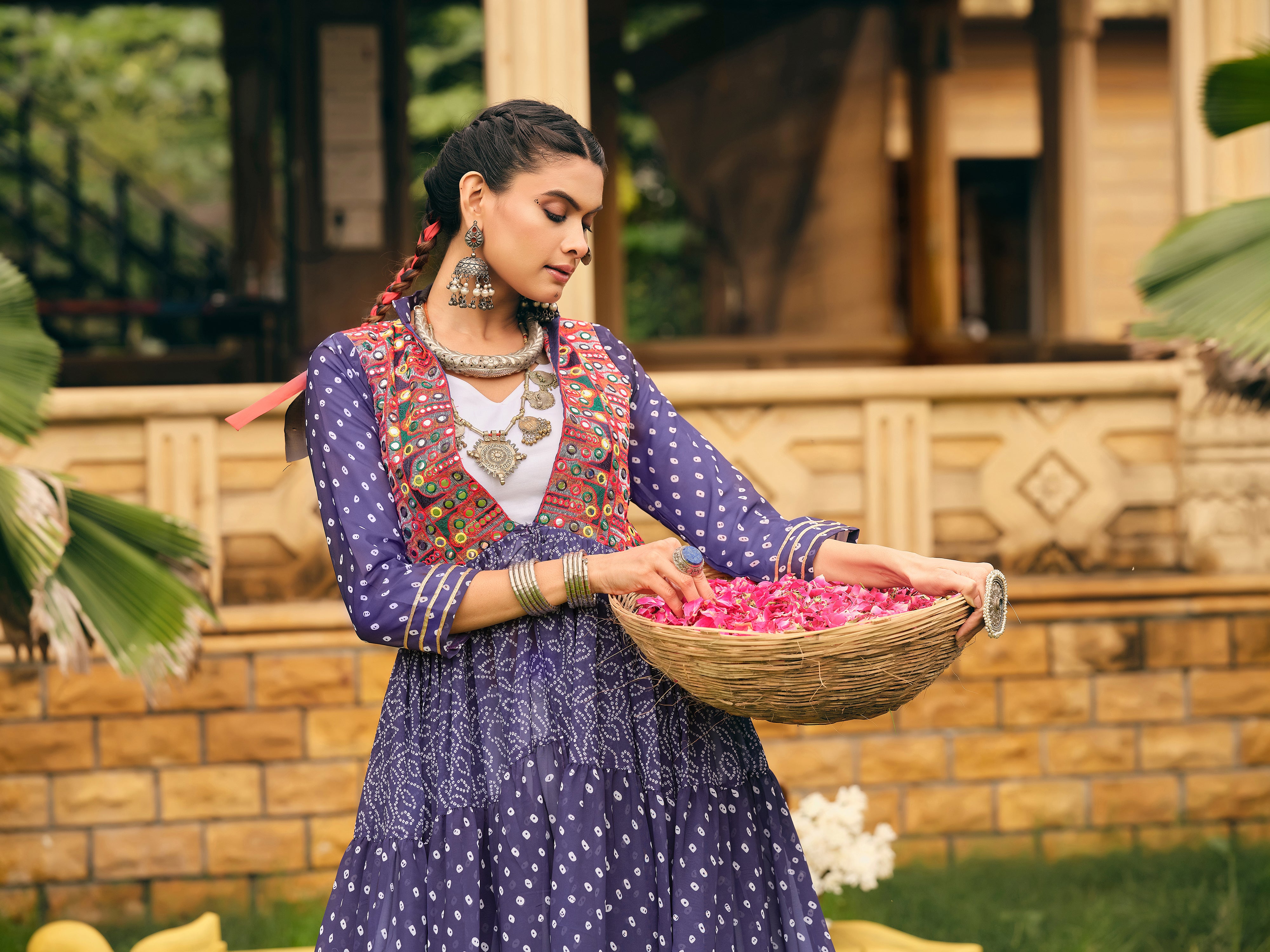 Navratri Shrug Lehenga Set with Blouse | Faux Georgette Bandhani Print & Embroidered Cotton Lehenga