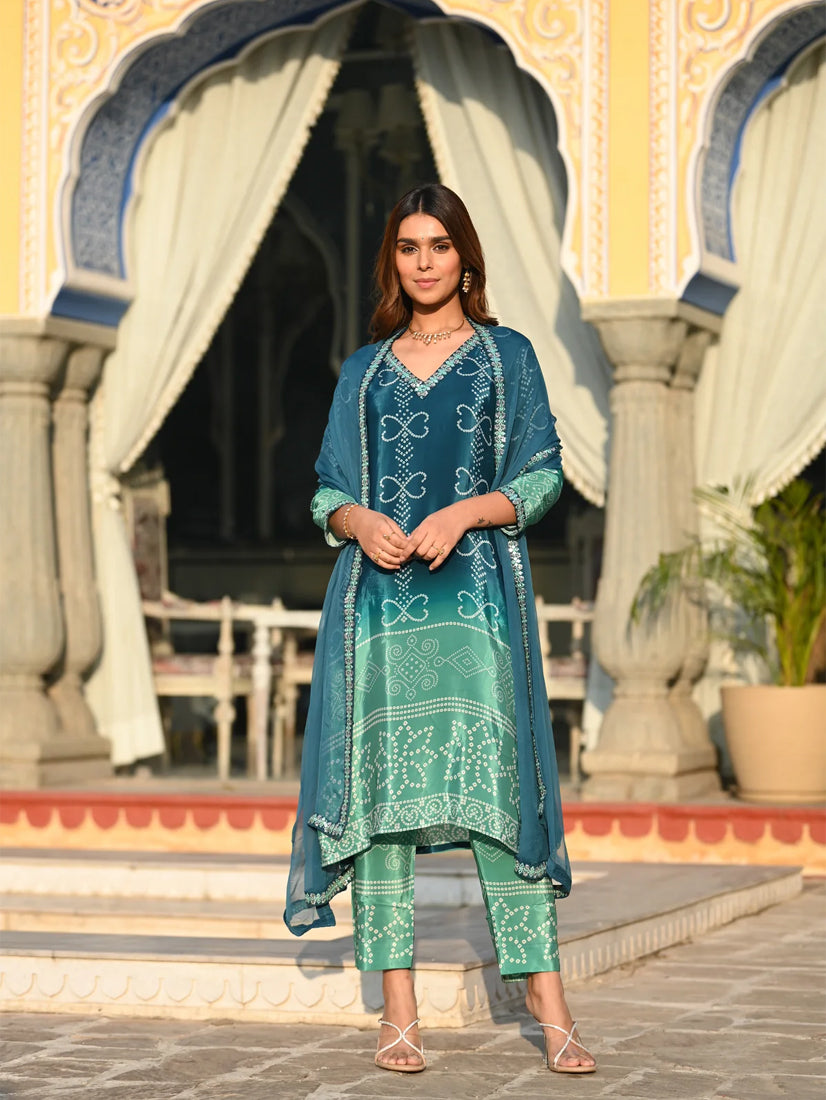 Pink Chinnon Silk Printed Kurta Pant Set with Nazmeen Dupatta | Women's Designer Festive Wear Suit