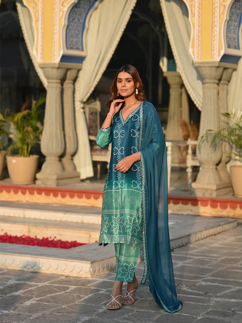 Pink Chinnon Silk Printed Kurta Pant Set with Nazmeen Dupatta | Women's Designer Festive Wear Suit