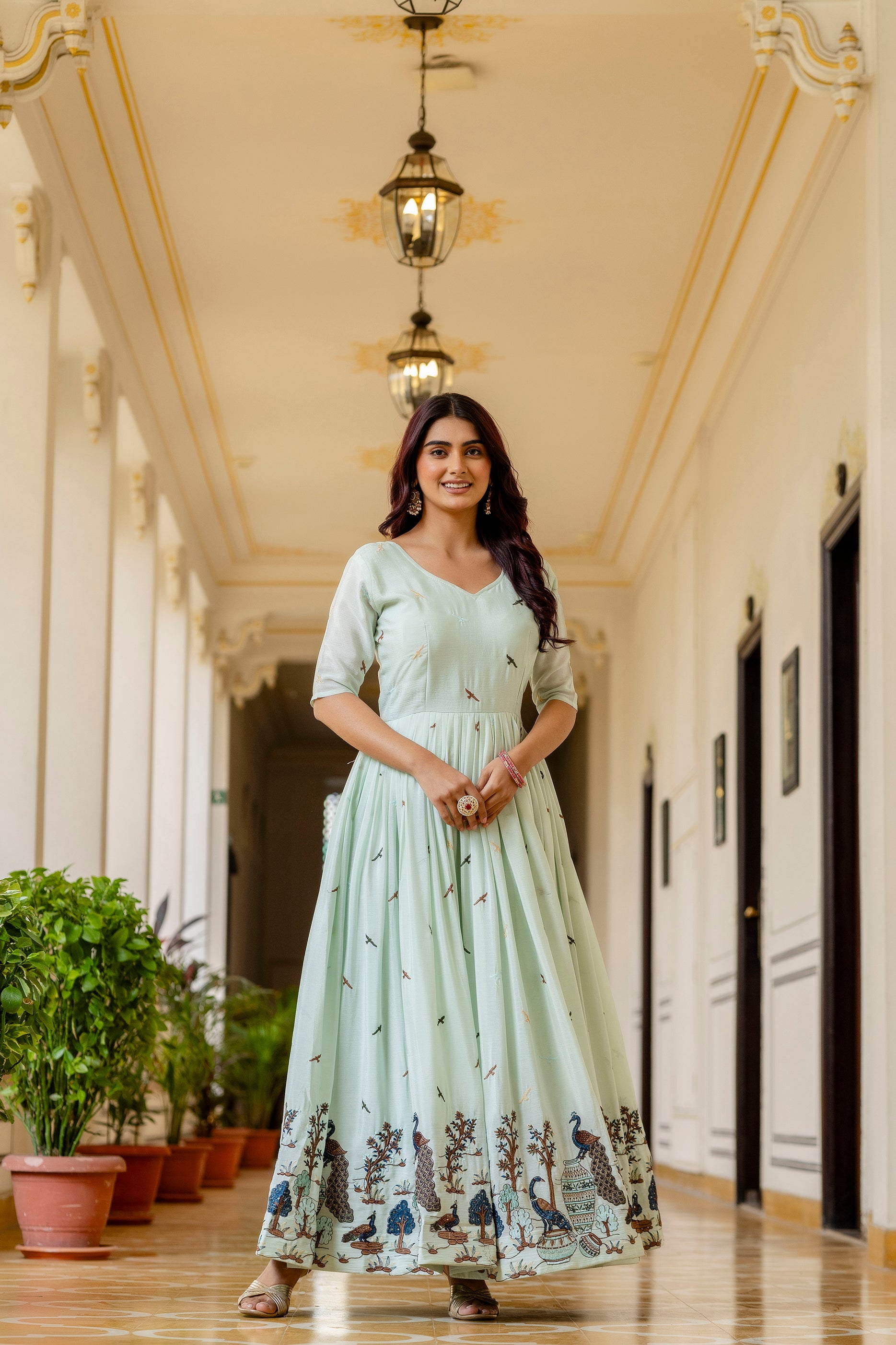 Mint Green Printed Anarkali Gown with Dupatta | Designer Festive Ethnic Wear | Premium Party Wear Dress
