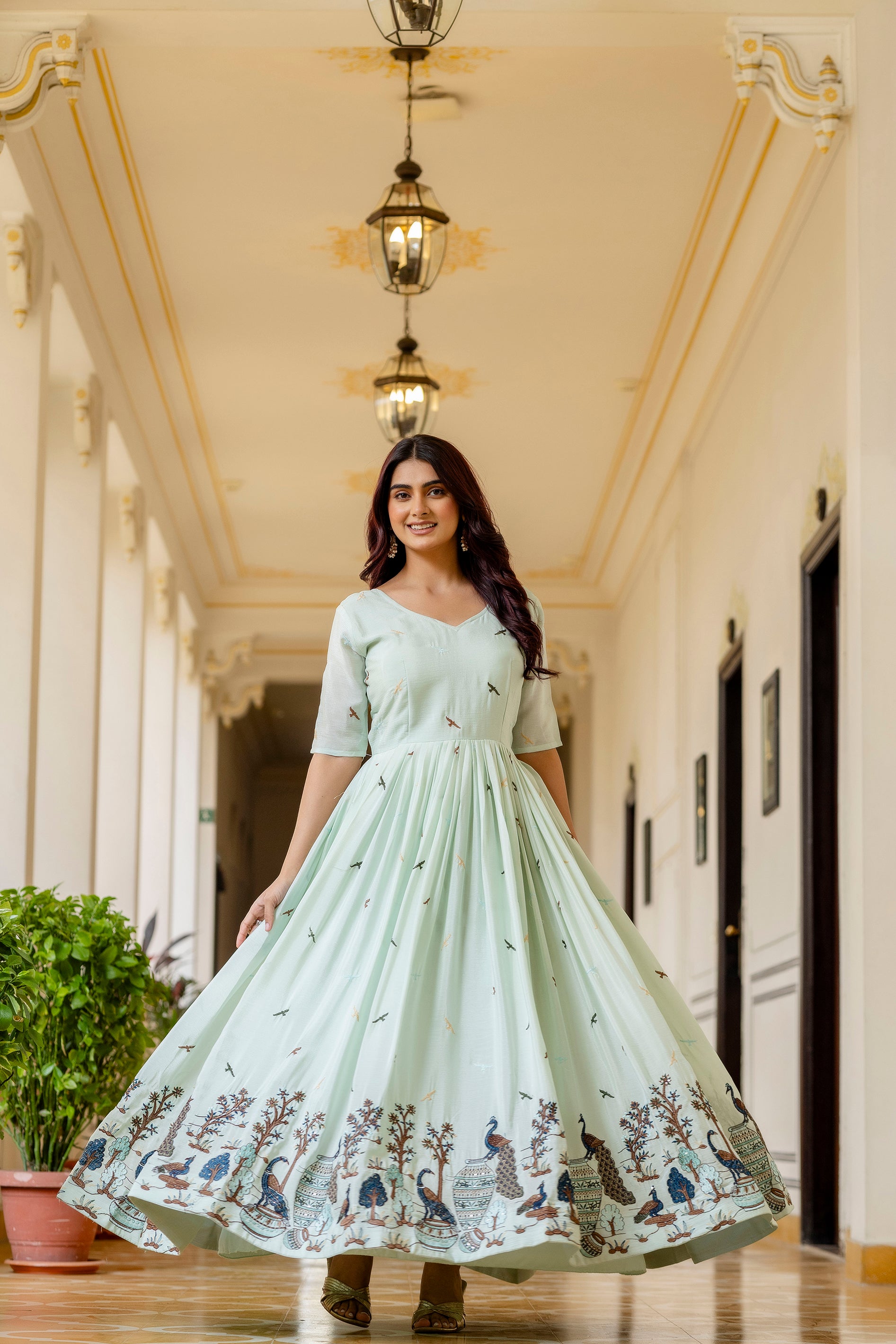 Mint Green Printed Anarkali Gown with Dupatta | Designer Festive Ethnic Wear | Premium Party Wear Dress