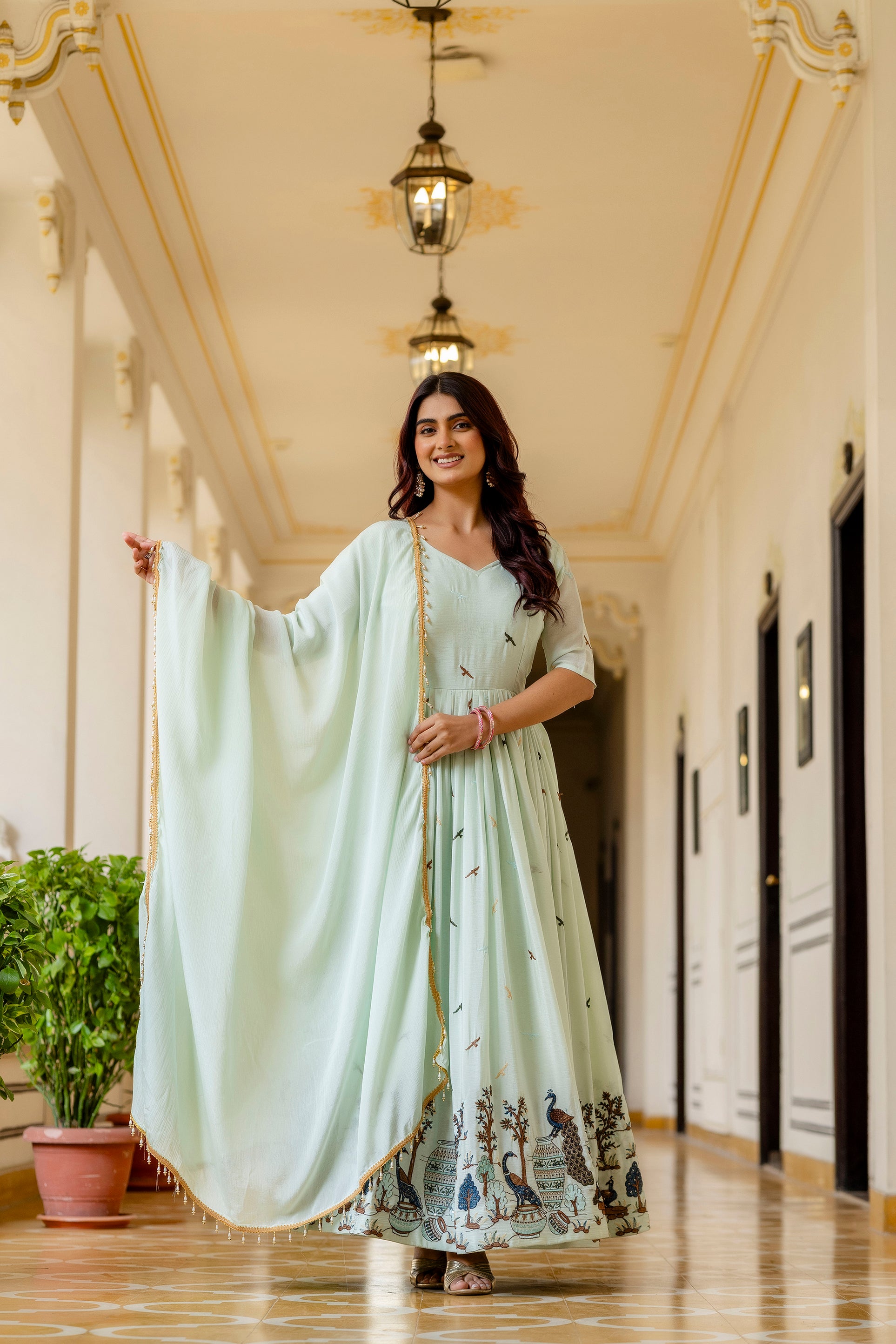 Mint Green Printed Anarkali Gown with Dupatta | Designer Festive Ethnic Wear | Premium Party Wear Dress