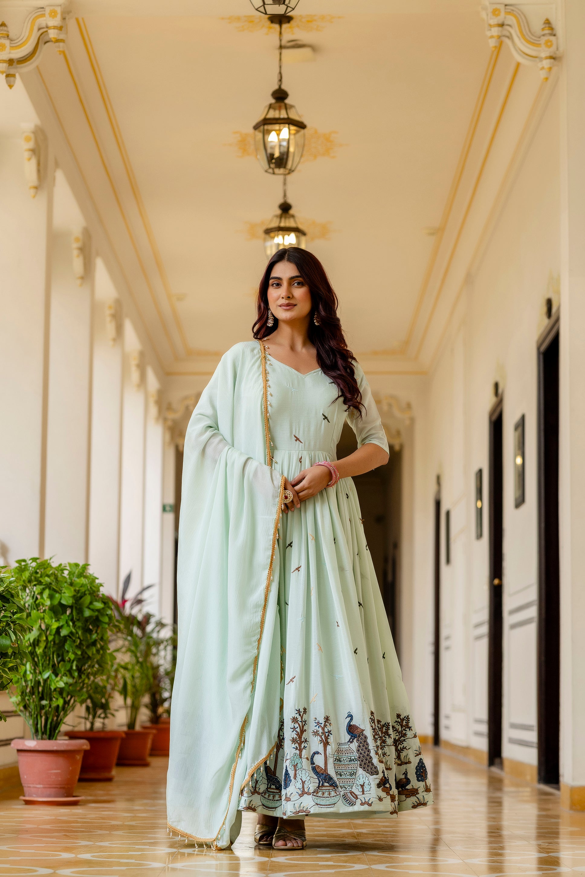 Mint Green Printed Anarkali Gown with Dupatta | Designer Festive Ethnic Wear | Premium Party Wear Dress