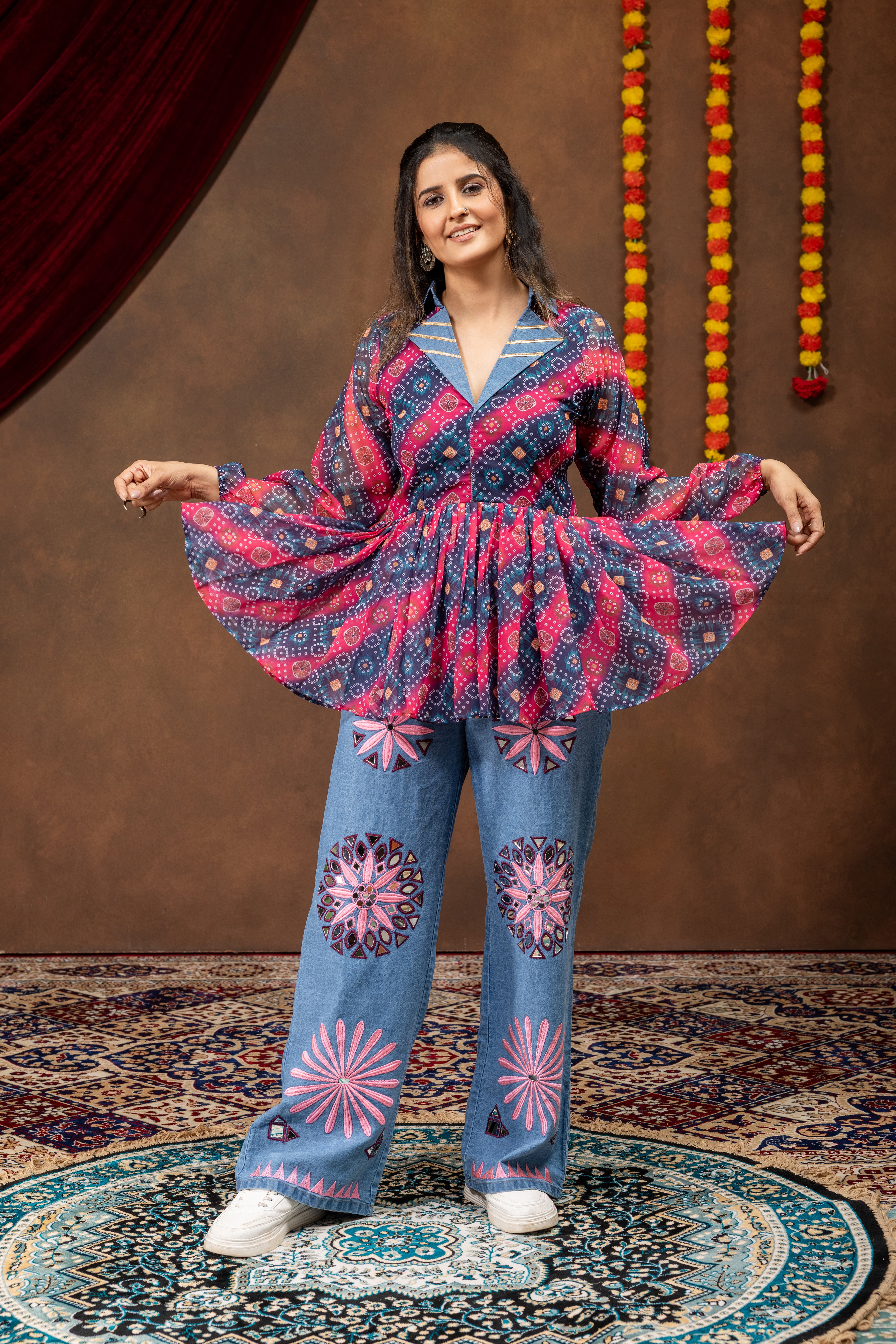 Printed Peplum Top with Embroidered Denim Palazzo | Indo Western Co-Ord Set | Designer Party Wear