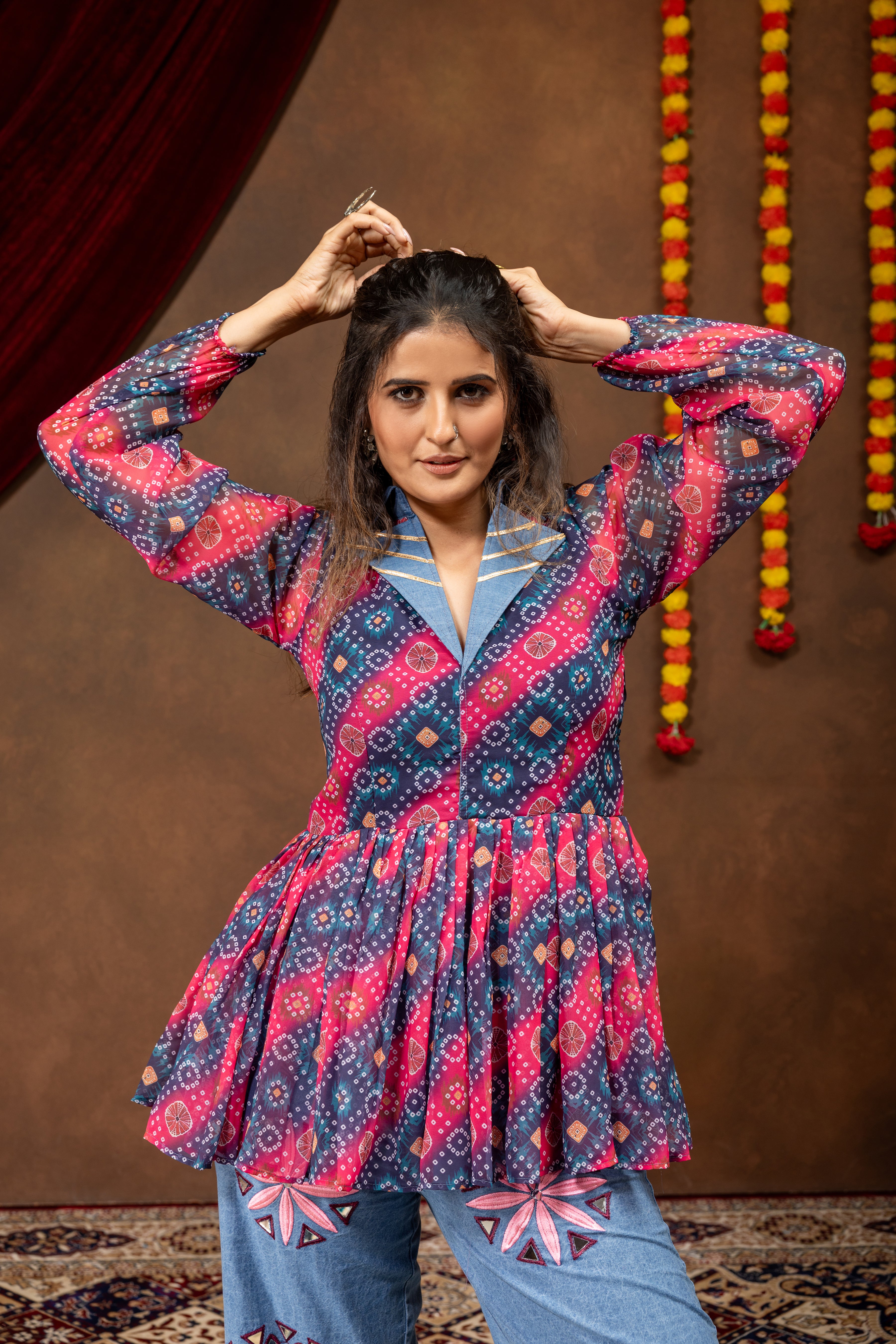 Printed Peplum Top with Embroidered Denim Palazzo | Indo Western Co-Ord Set | Designer Party Wear