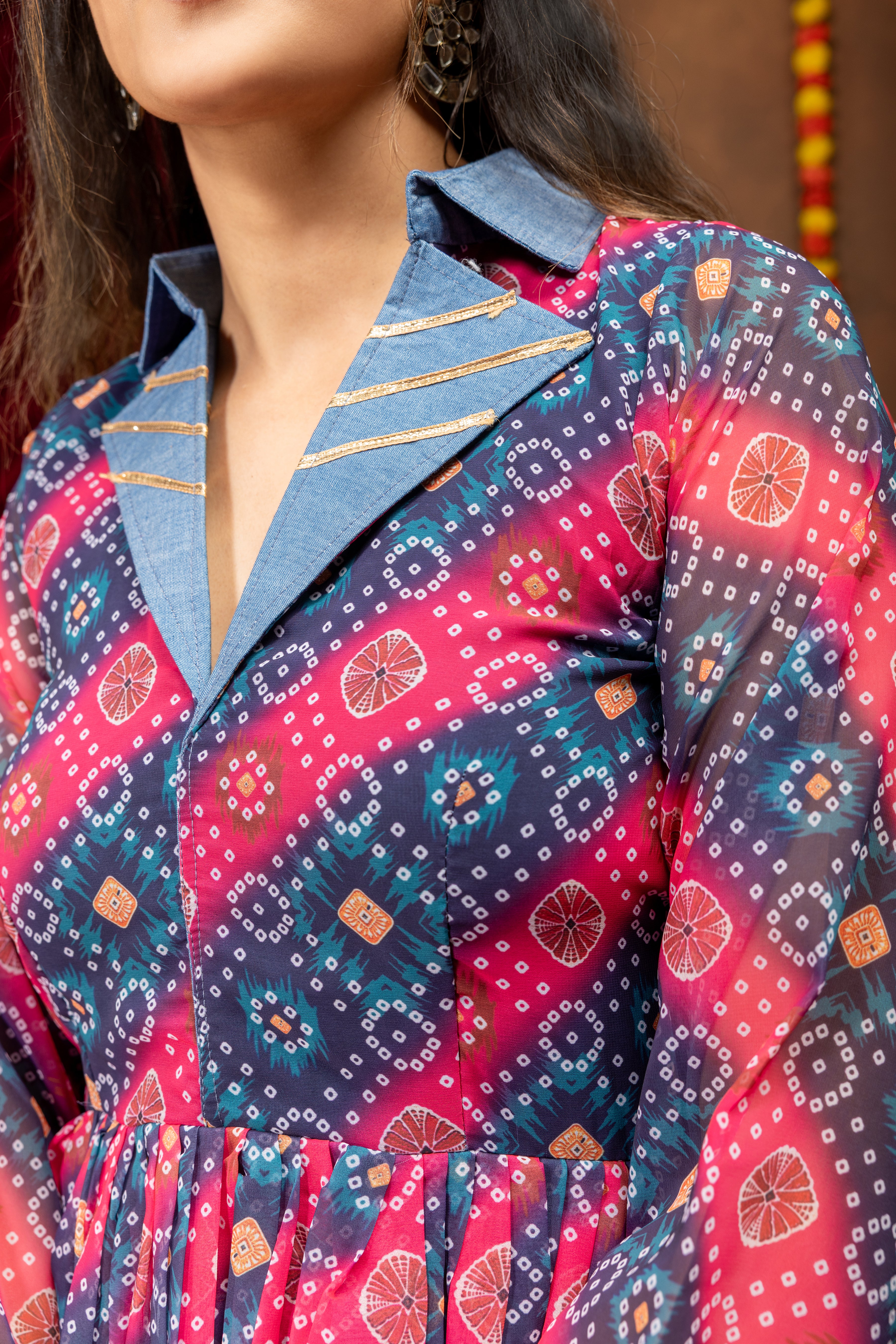 Printed Peplum Top with Embroidered Denim Palazzo | Indo Western Co-Ord Set | Designer Party Wear