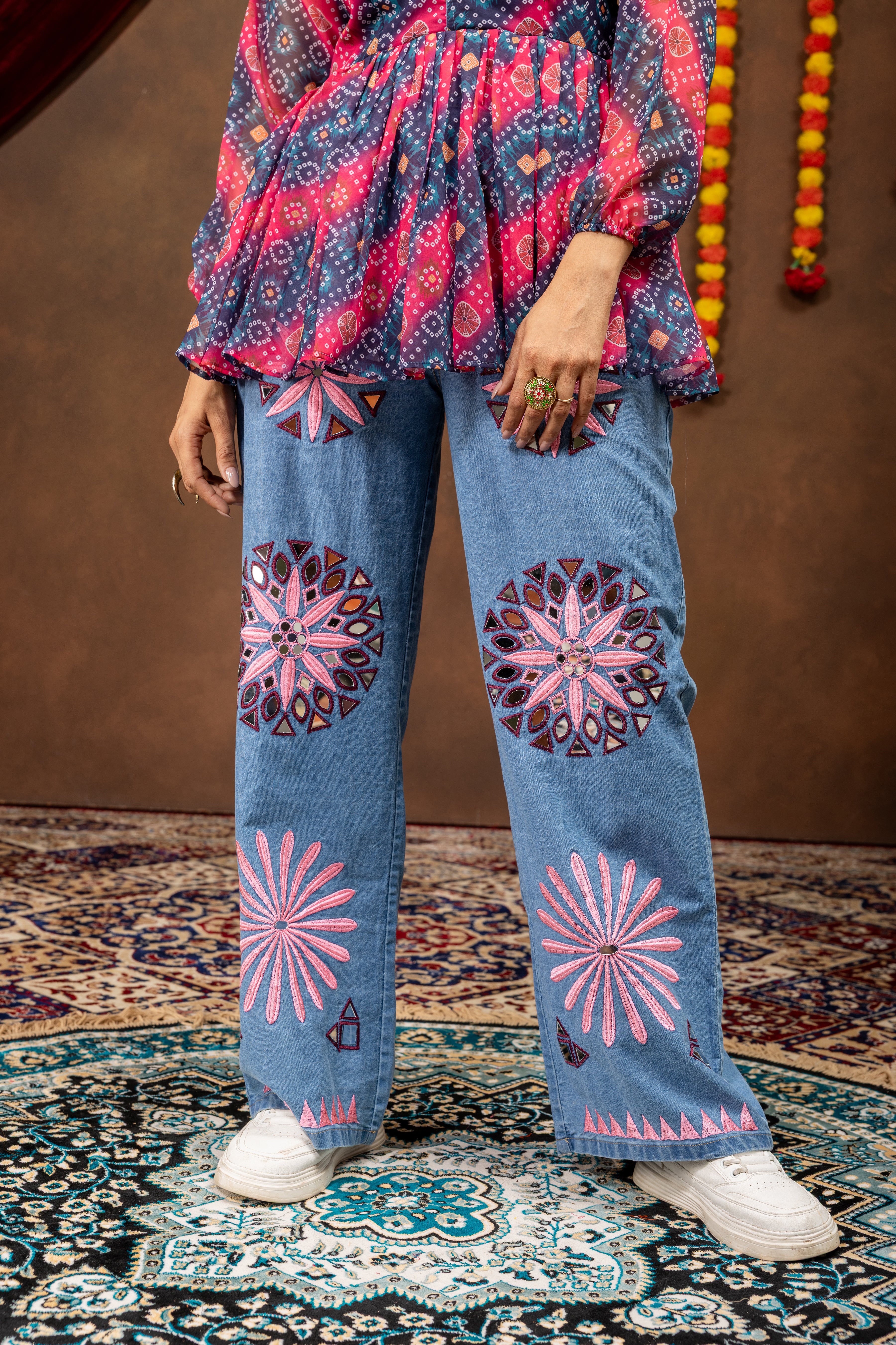 Printed Peplum Top with Embroidered Denim Palazzo | Indo Western Co-Ord Set | Designer Party Wear