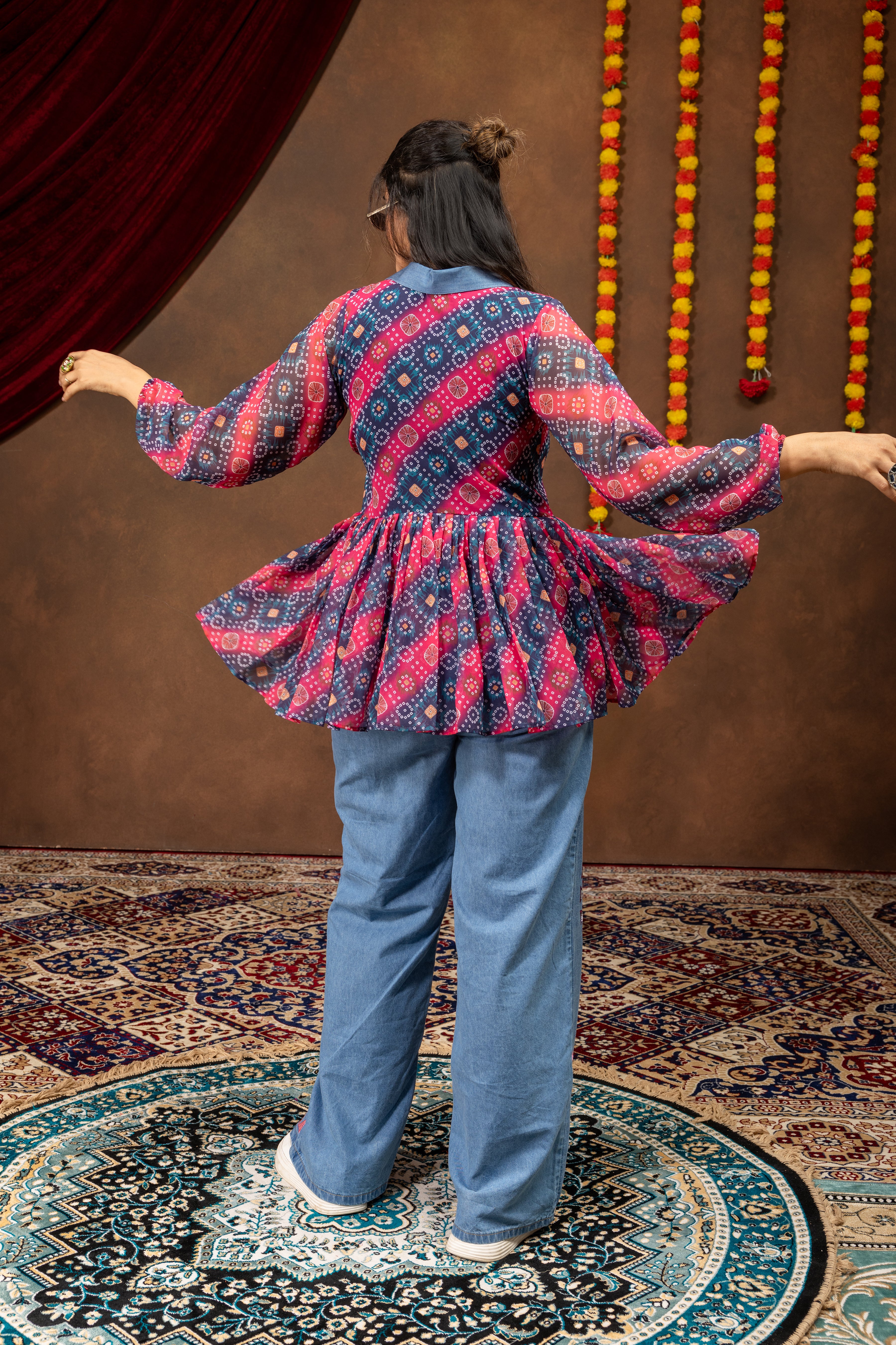 Printed Peplum Top with Embroidered Denim Palazzo | Indo Western Co-Ord Set | Designer Party Wear