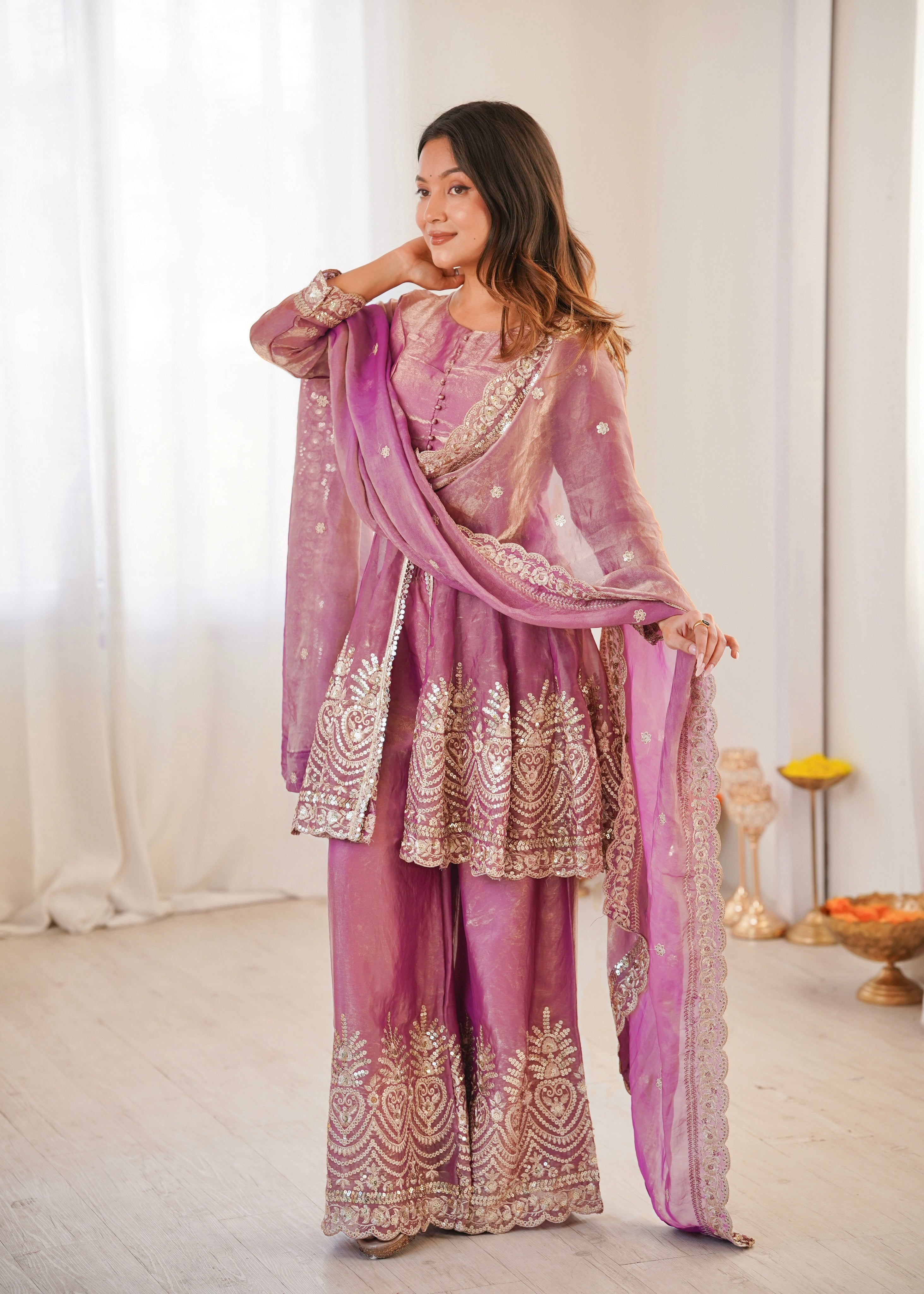Heavy Fandy Silk Embroidered Peplum Kurti Palazzo Set with Dupatta for Women | Designer Festive & Wedding Wear