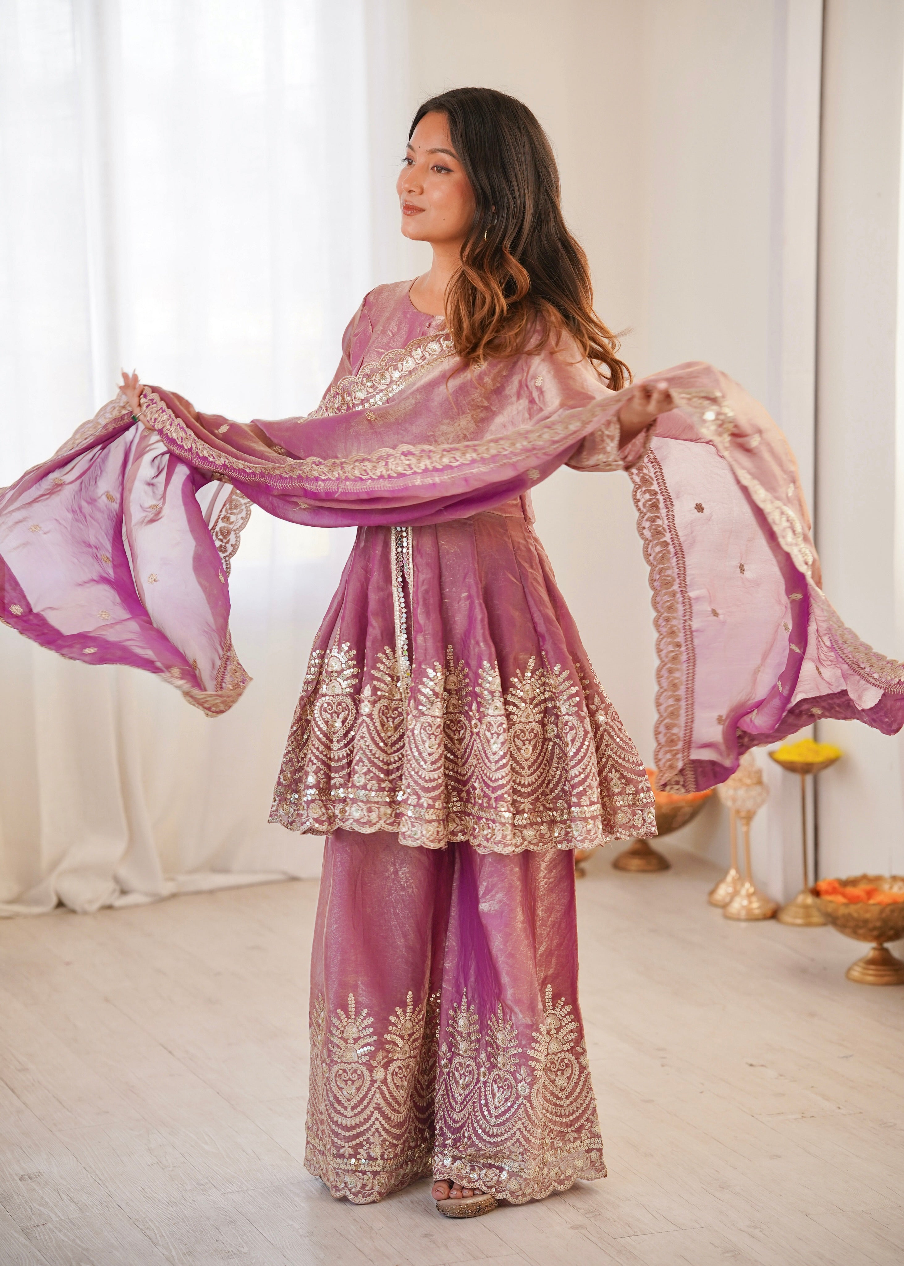 Heavy Fandy Silk Embroidered Peplum Kurti Palazzo Set with Dupatta for Women | Designer Festive & Wedding Wear