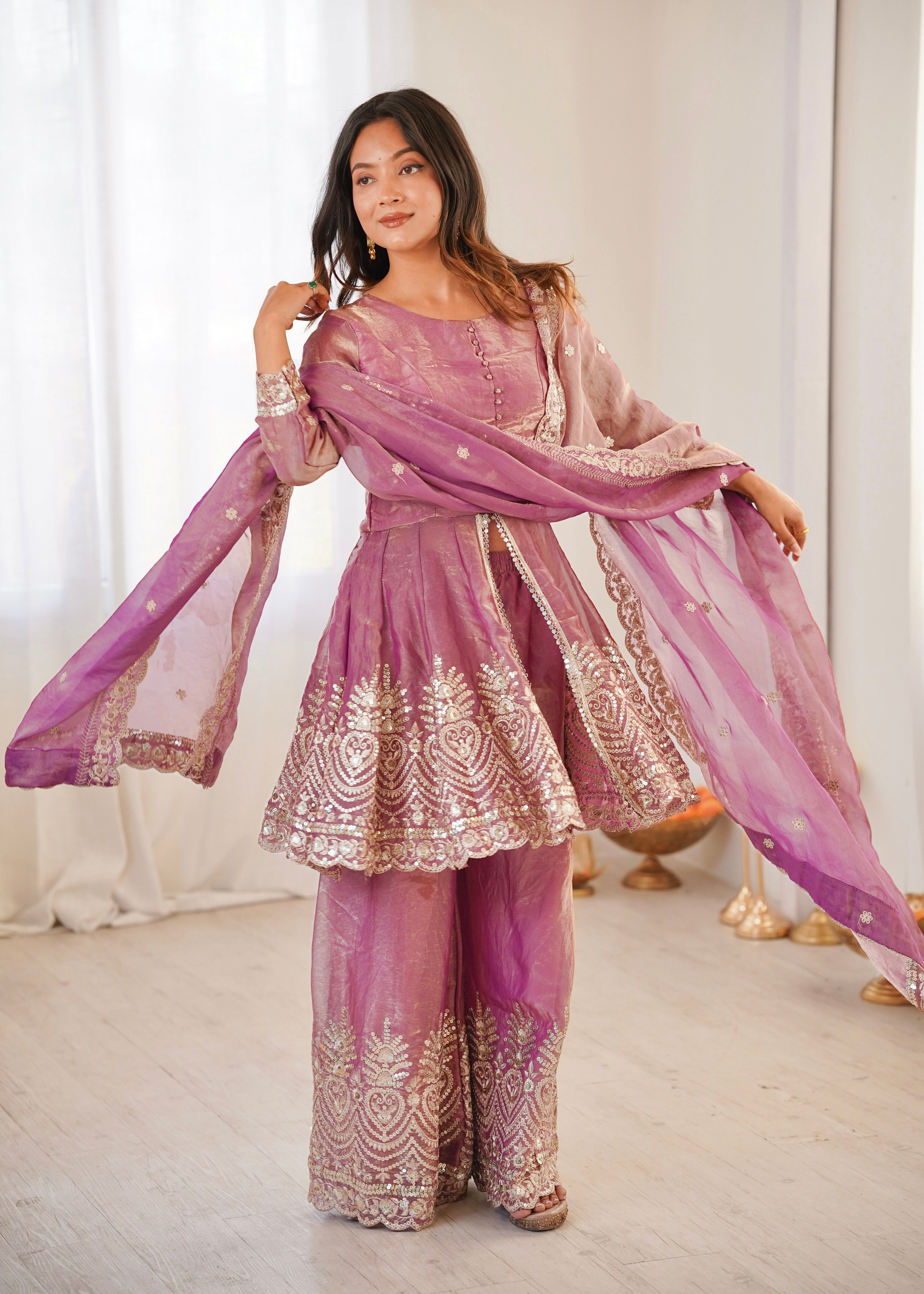 Heavy Fandy Silk Embroidered Peplum Kurti Palazzo Set with Dupatta for Women | Designer Festive & Wedding Wear