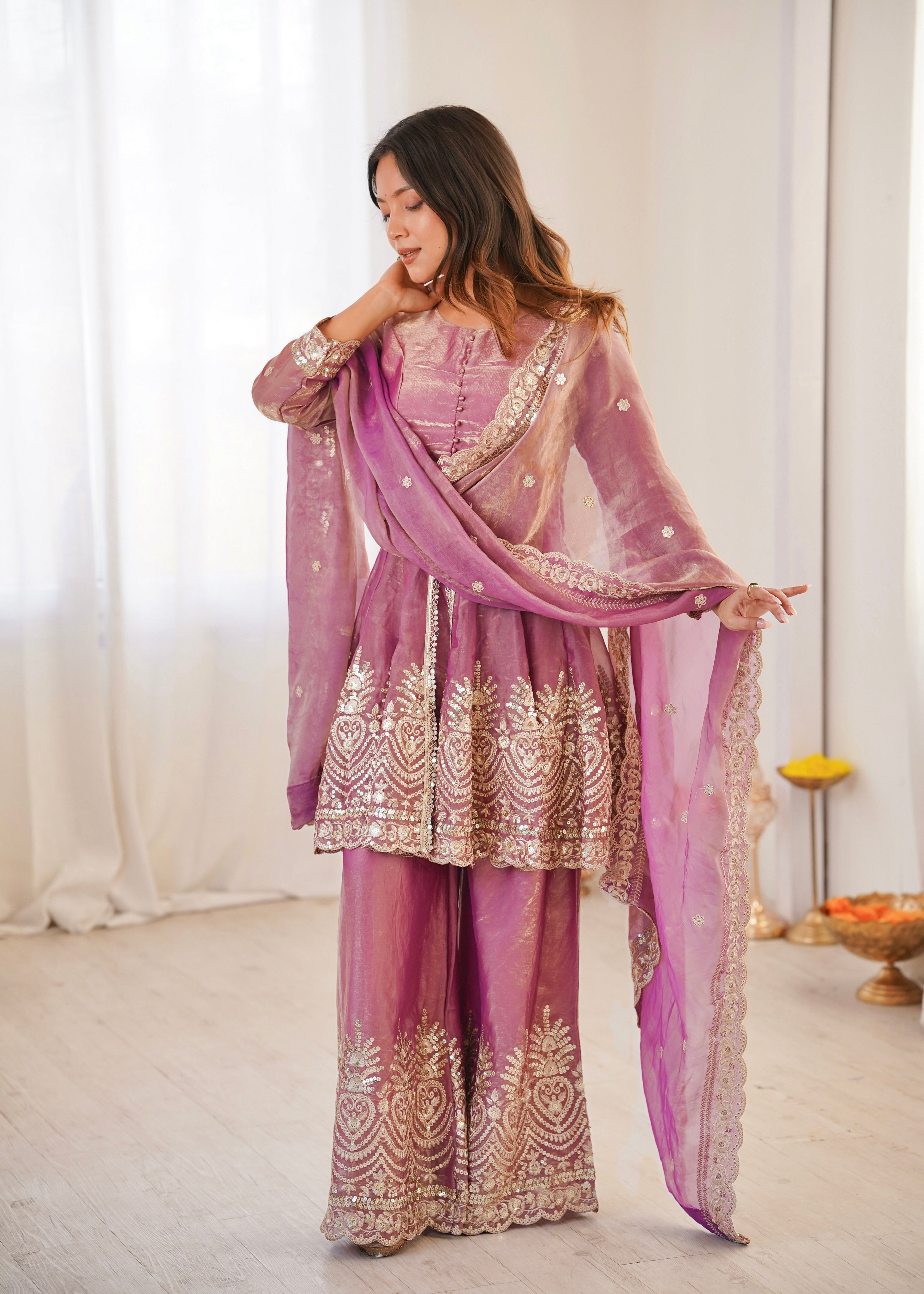 Heavy Fandy Silk Embroidered Peplum Kurti Palazzo Set with Dupatta for Women | Designer Festive & Wedding Wear