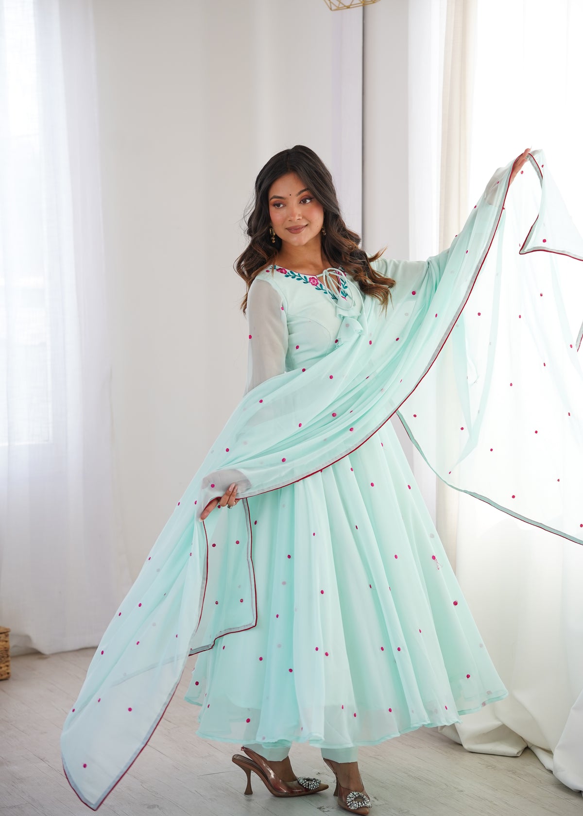 Embroidered Anarkali Suit Set With Pant & Dupatta