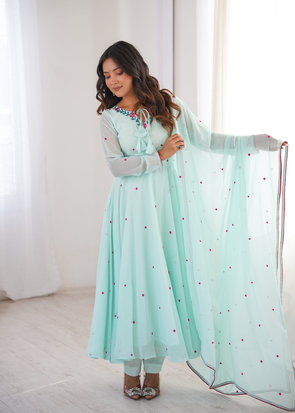 Embroidered Anarkali Suit Set With Pant & Dupatta