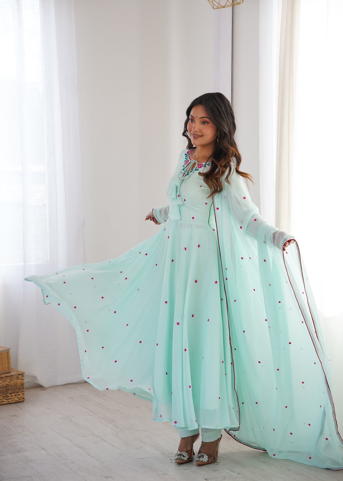 Embroidered Anarkali Suit Set With Pant & Dupatta