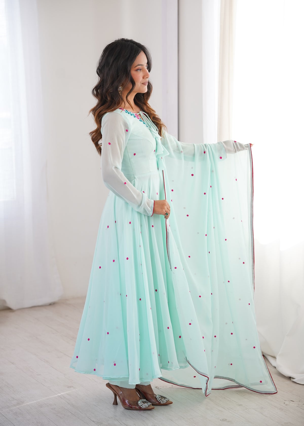 Embroidered Anarkali Suit Set With Pant & Dupatta