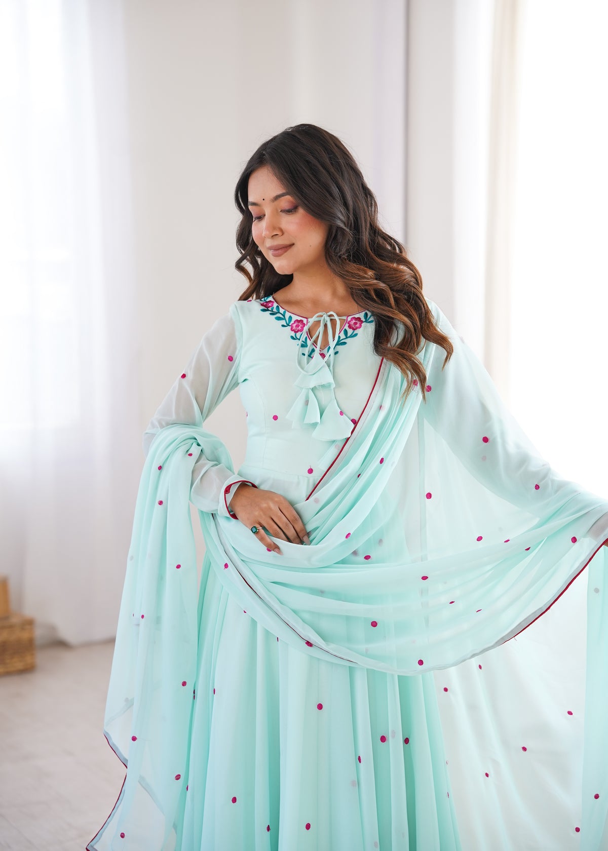 Embroidered Anarkali Suit Set With Pant & Dupatta