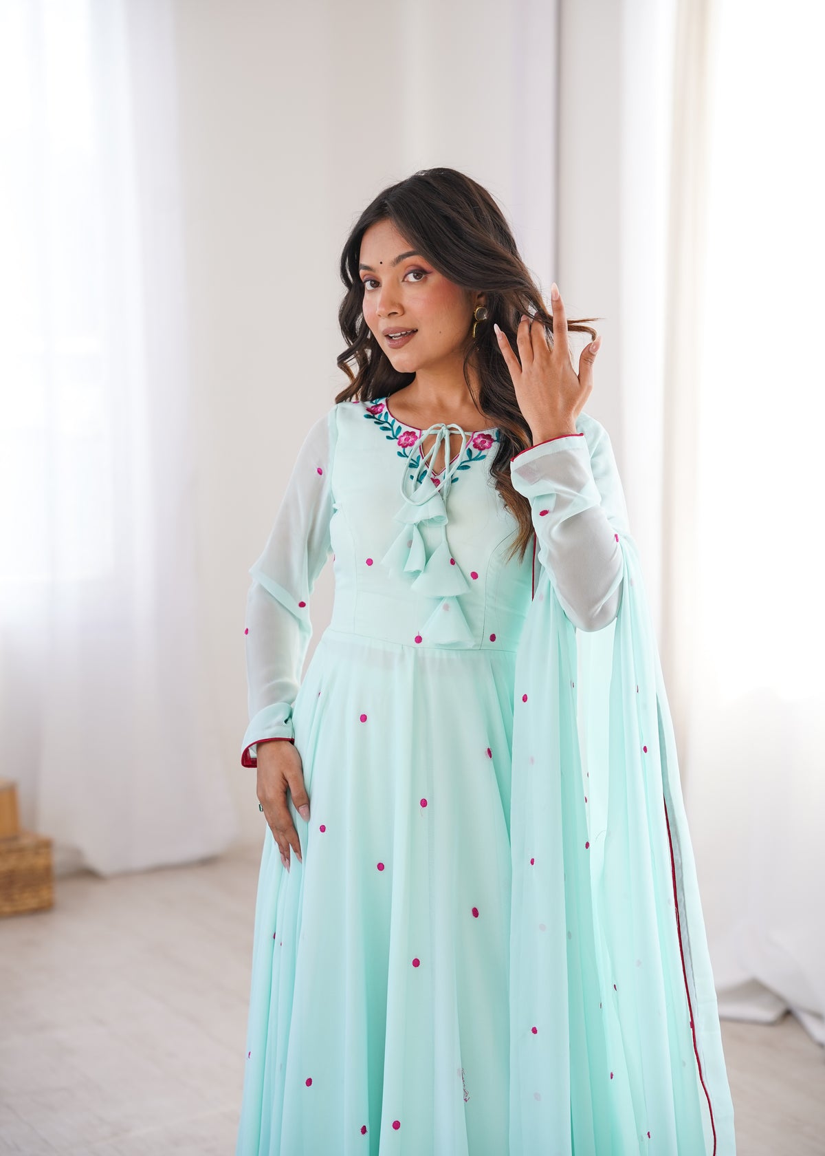 Embroidered Anarkali Suit Set With Pant & Dupatta