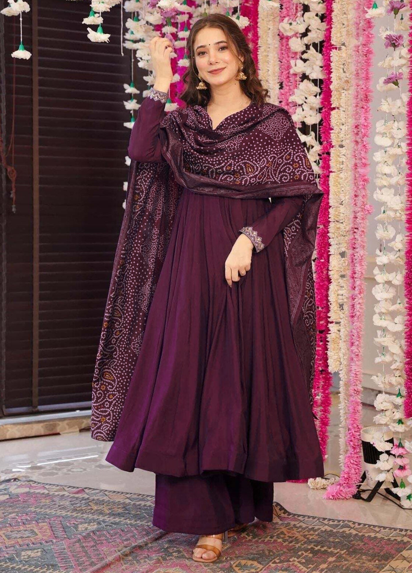 Anarkali Kurti SetDesigner Wine Anarkali Kurti Palazzo Set with Bandhani Dupatta for Women | Premium Festive & Party Wear Ethnic Suit