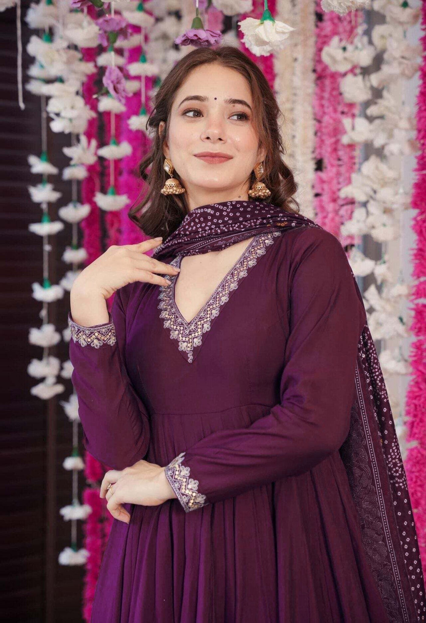 Anarkali Kurti SetDesigner Wine Anarkali Kurti Palazzo Set with Bandhani Dupatta for Women | Premium Festive & Party Wear Ethnic Suit