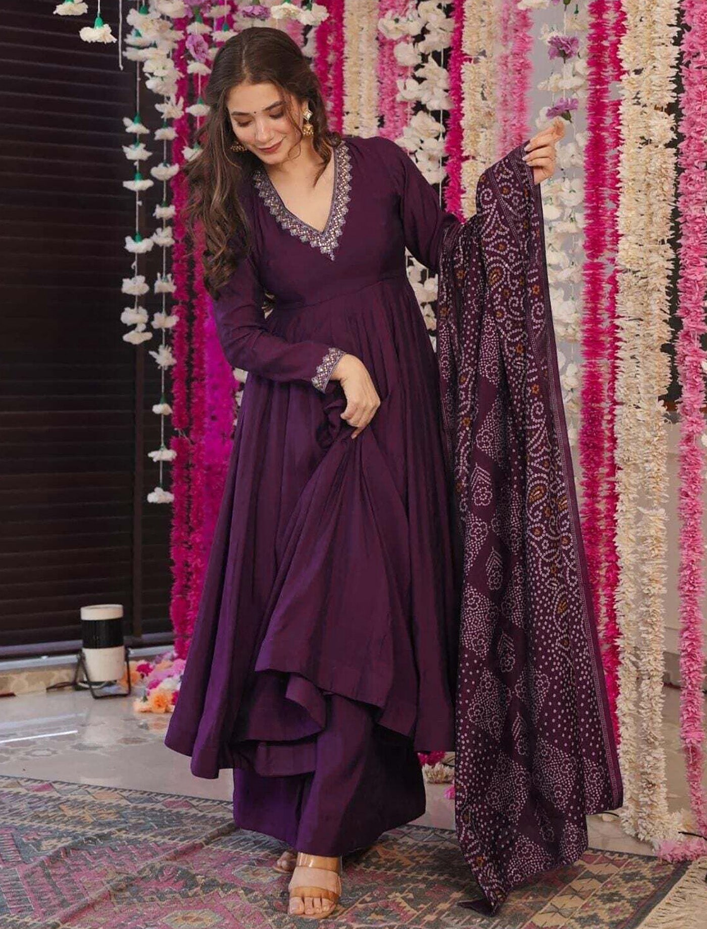 Anarkali Kurti SetDesigner Wine Anarkali Kurti Palazzo Set with Bandhani Dupatta for Women | Premium Festive & Party Wear Ethnic Suit