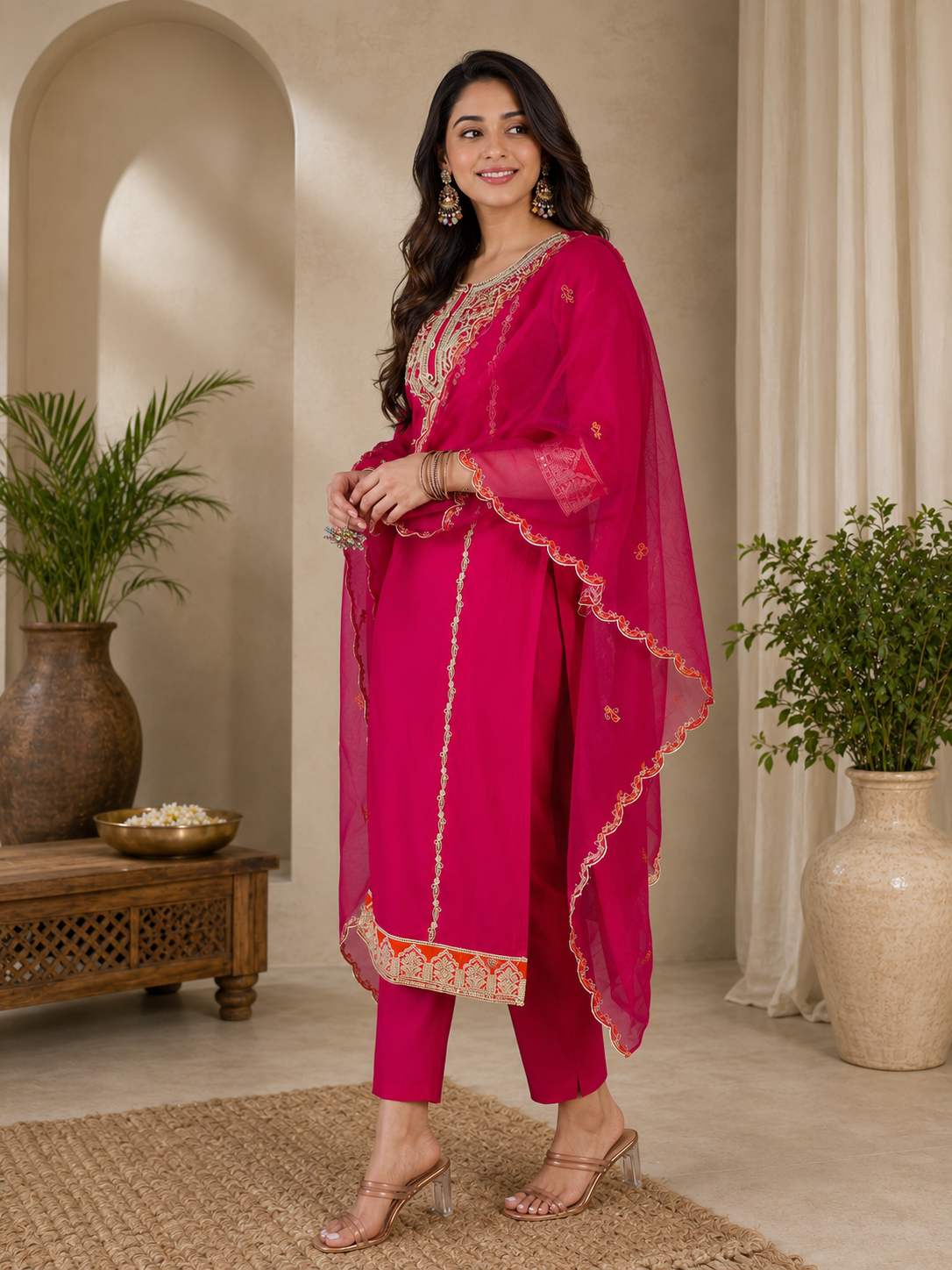 Rani Pink Embroidered Kurti Pant Dupatta Set | Designer Party Wear Ethnic Suit | Premium Festive Wear for Women