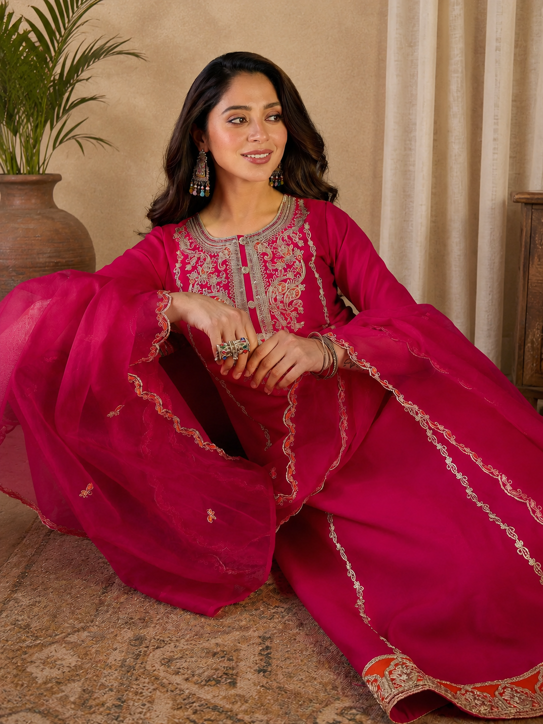 Rani Pink Embroidered Kurti Pant Dupatta Set | Designer Party Wear Ethnic Suit | Premium Festive Wear for Women