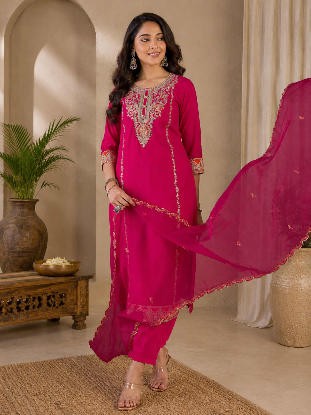 Rani Pink Embroidered Kurti Pant Dupatta Set | Designer Party Wear Ethnic Suit | Premium Festive Wear for Women
