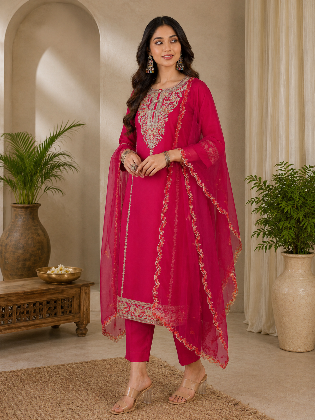 Rani Pink Embroidered Kurti Pant Dupatta Set | Designer Party Wear Ethnic Suit | Premium Festive Wear for Women