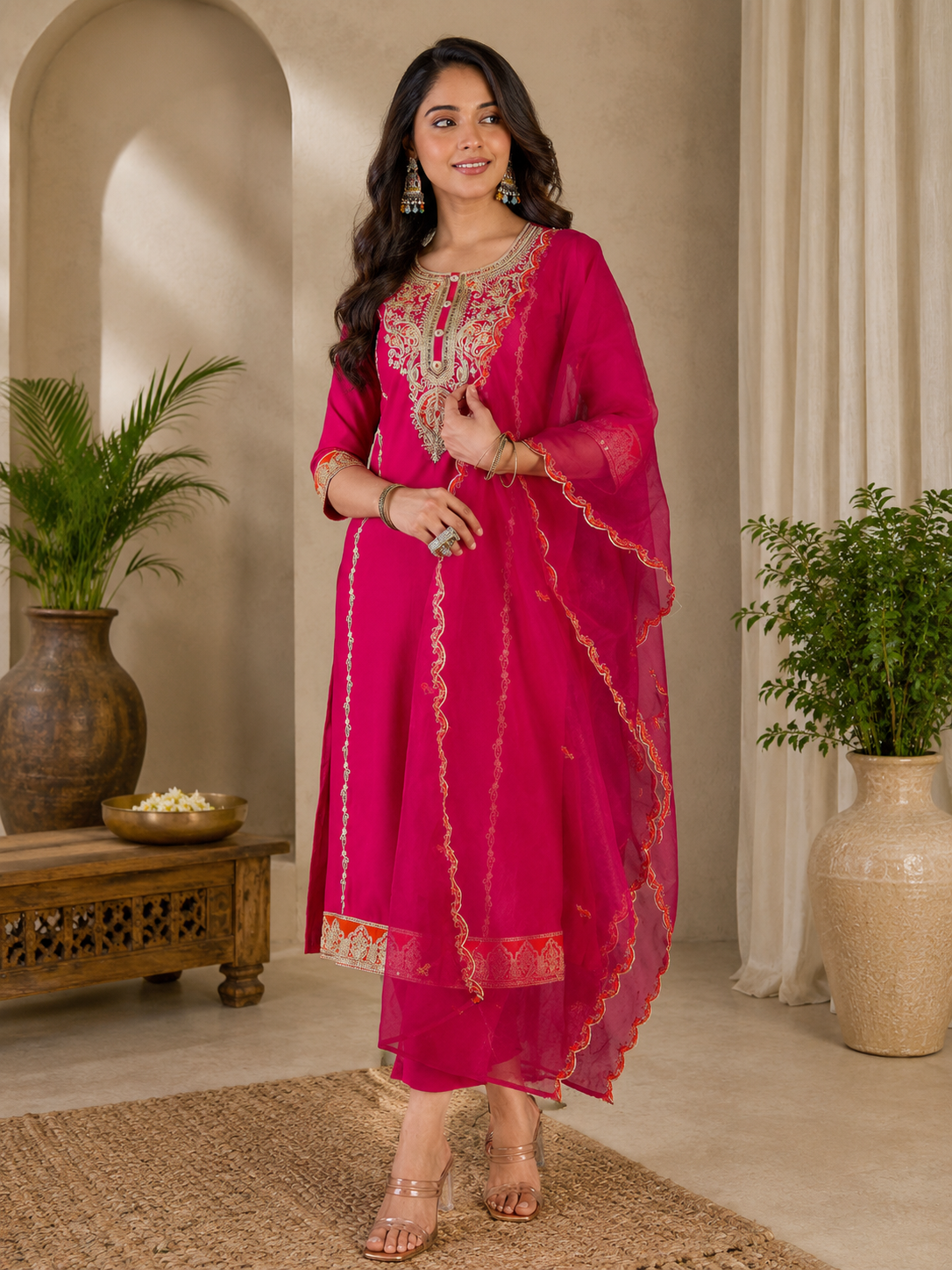 Rani Pink Embroidered Kurti Pant Dupatta Set | Designer Party Wear Ethnic Suit | Premium Festive Wear for Women