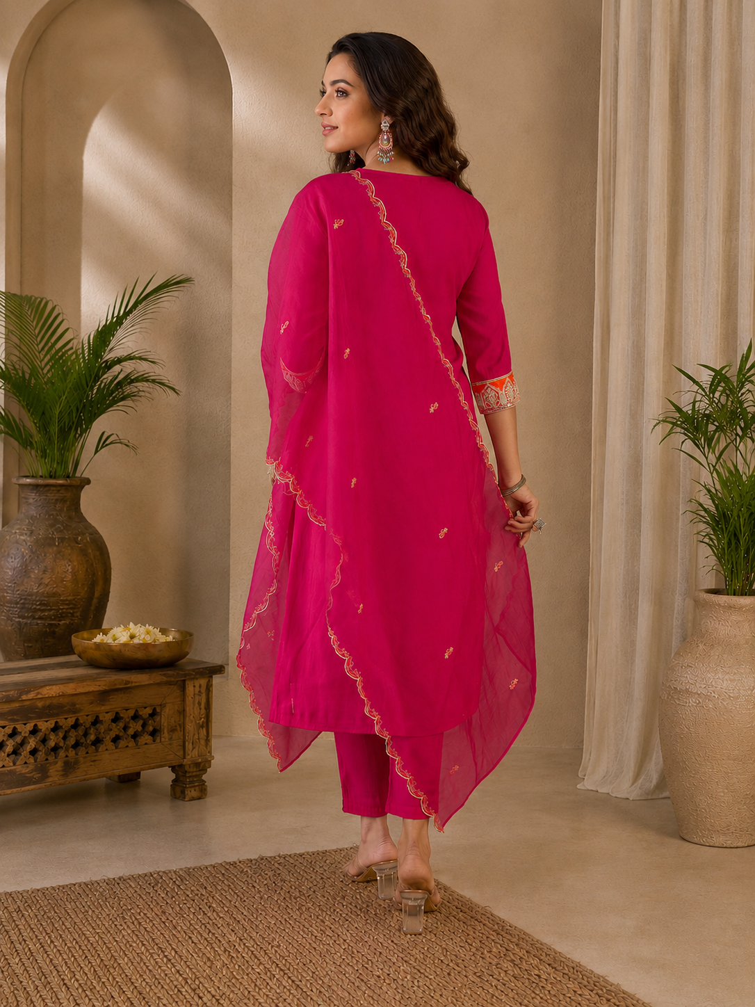 Rani Pink Embroidered Kurti Pant Dupatta Set | Designer Party Wear Ethnic Suit | Premium Festive Wear for Women
