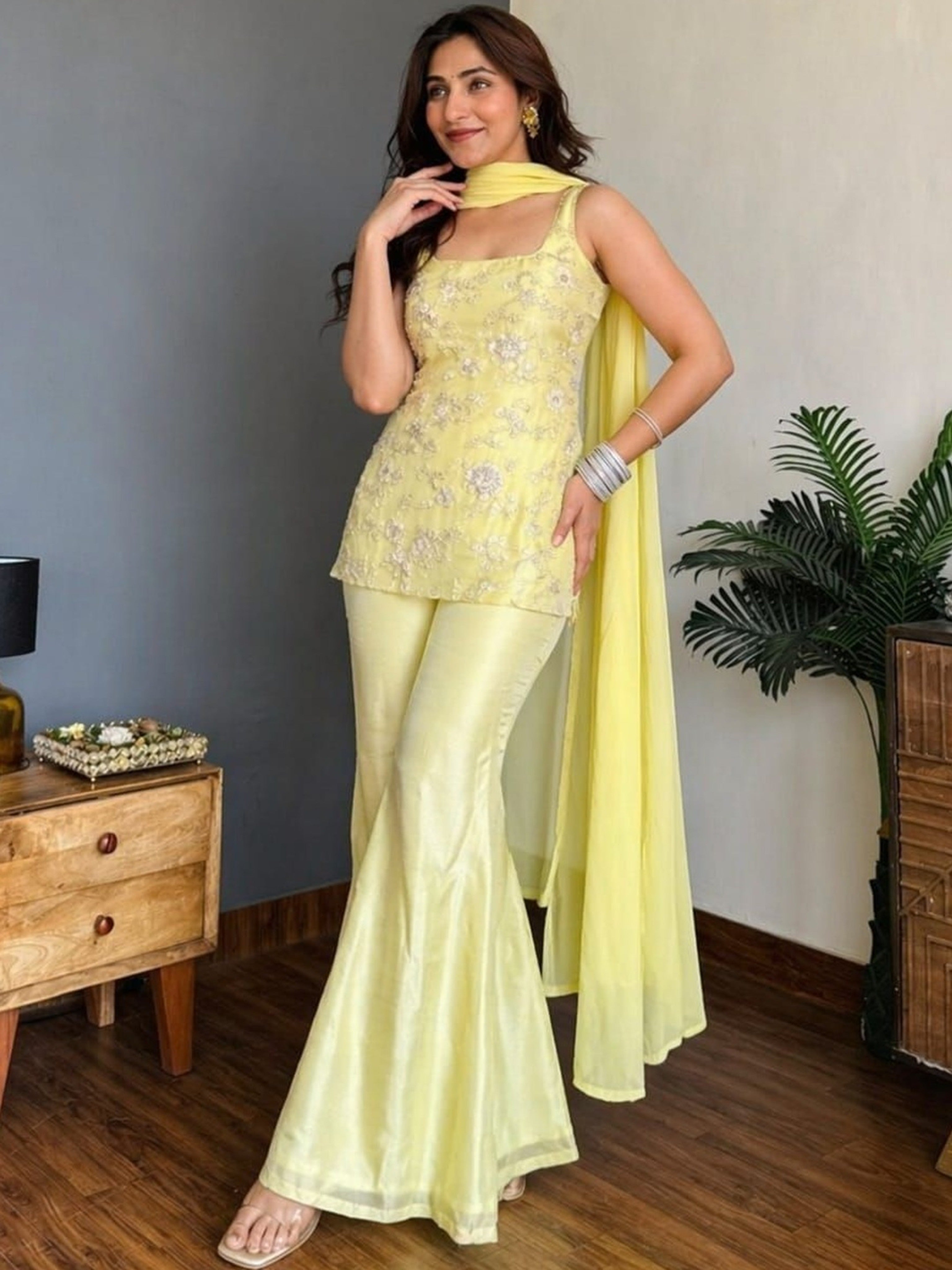 Yellow Embroidered Kurti Sharara Set with Dupatta for Women | Designer Party Wear Ethnic Suit