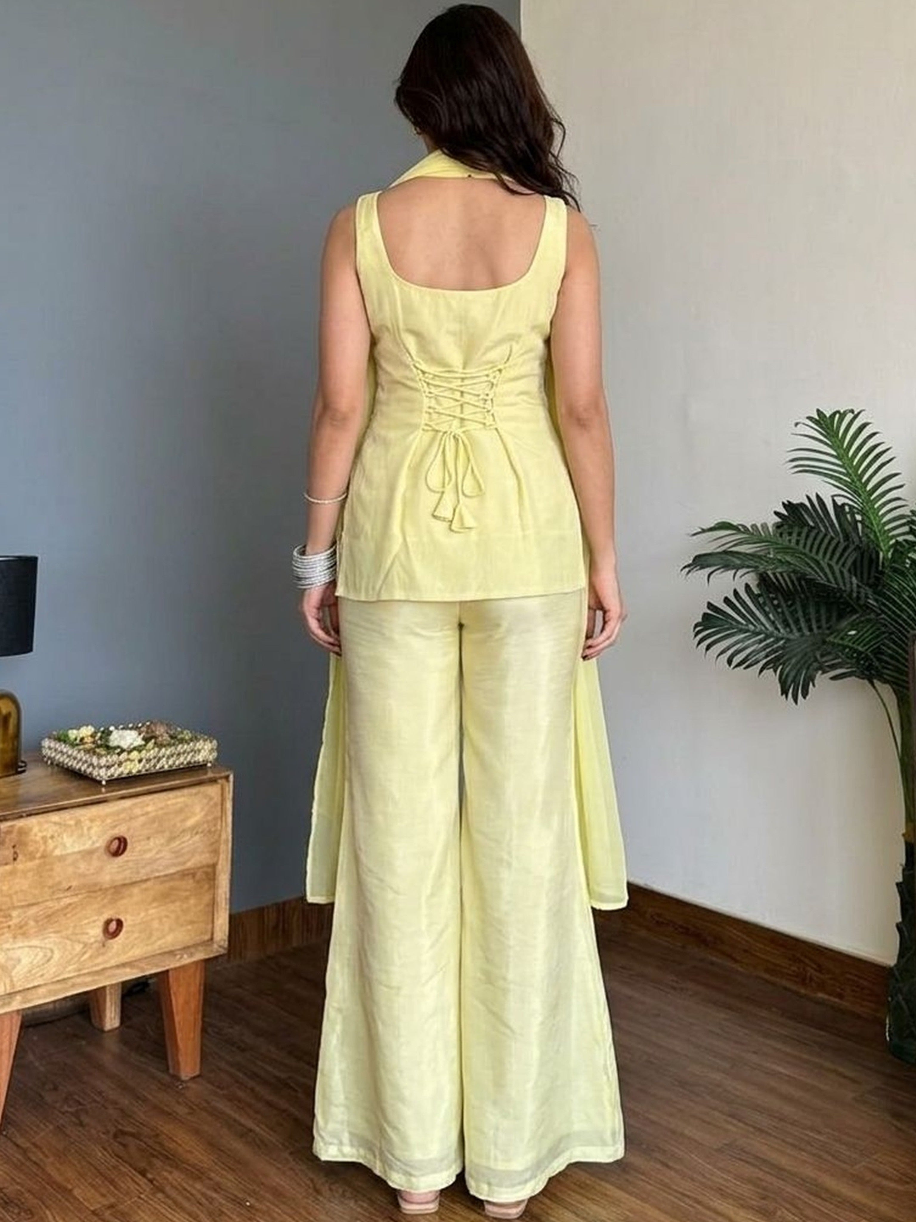 Yellow Embroidered Kurti Sharara Set with Dupatta for Women | Designer Party Wear Ethnic Suit