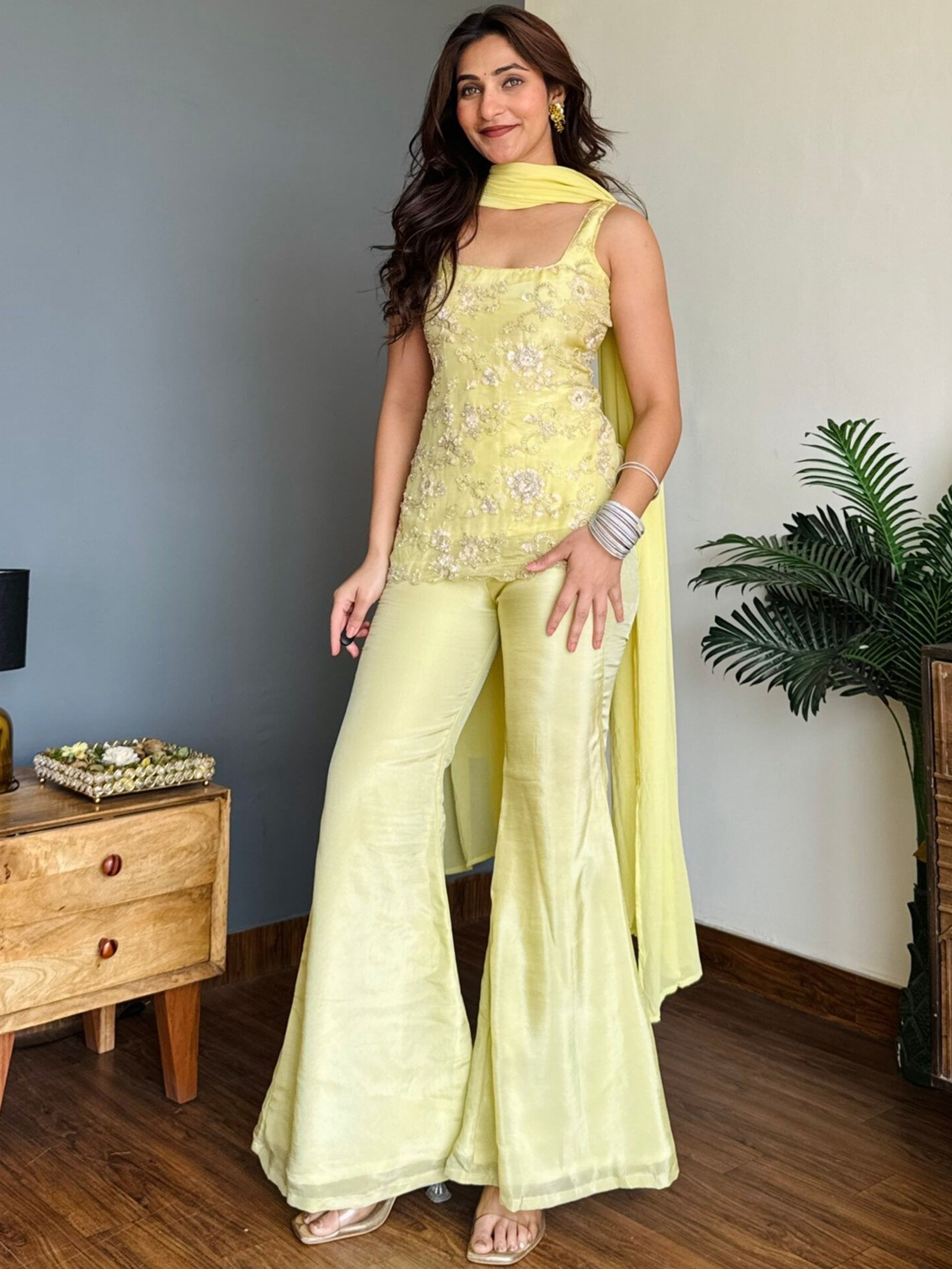 Yellow Embroidered Kurti Sharara Set with Dupatta for Women | Designer Party Wear Ethnic Suit