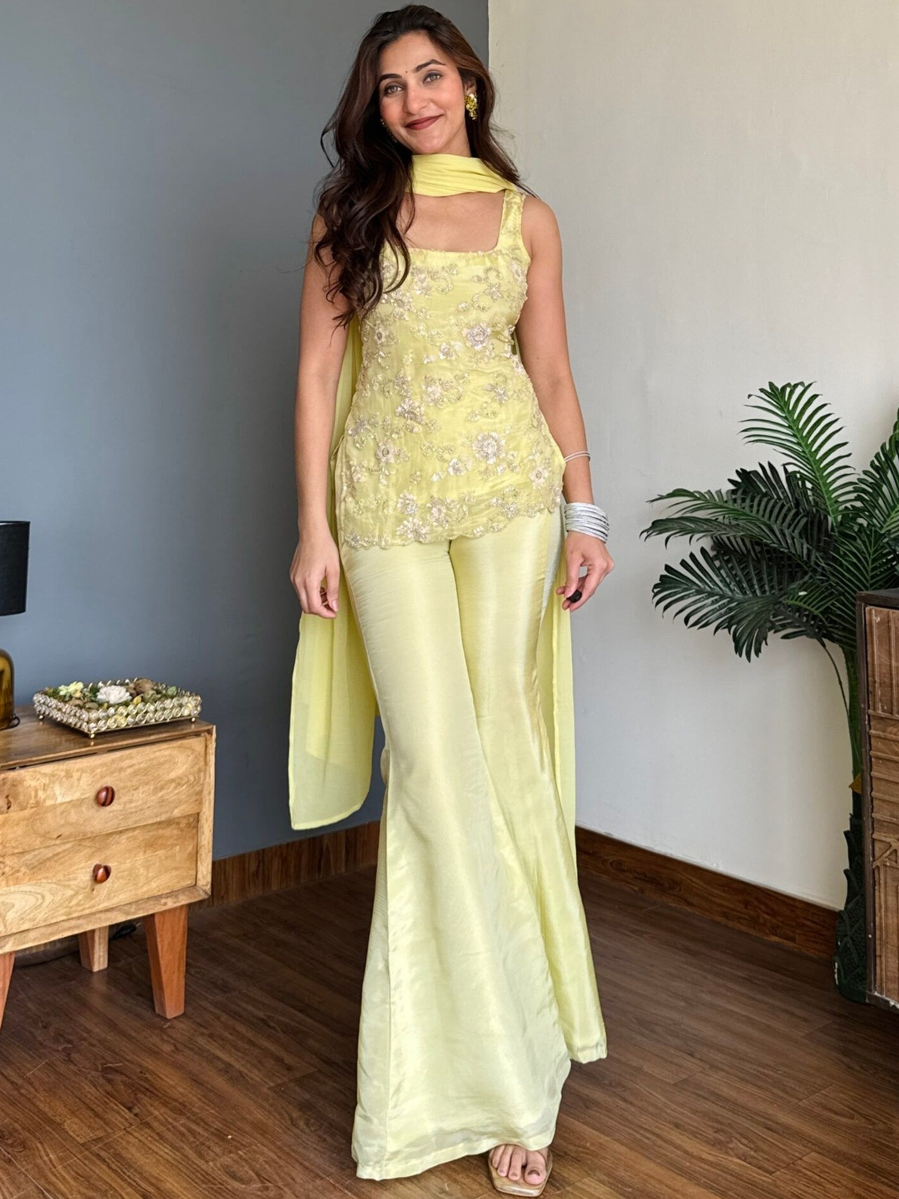 Yellow Embroidered Kurti Sharara Set with Dupatta for Women | Designer Party Wear Ethnic Suit