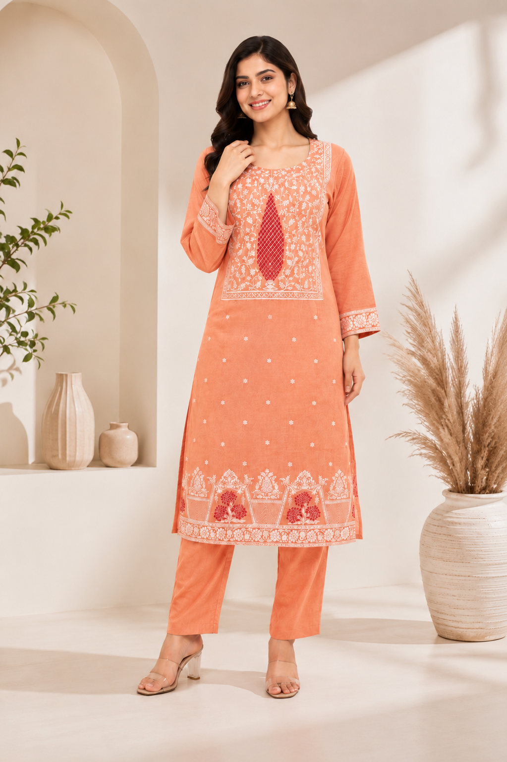 Peach Cotton Kurti Pant Dupatta Set | Designer Embroidered Ethnic Suit | Premium Daily & Festive Wear