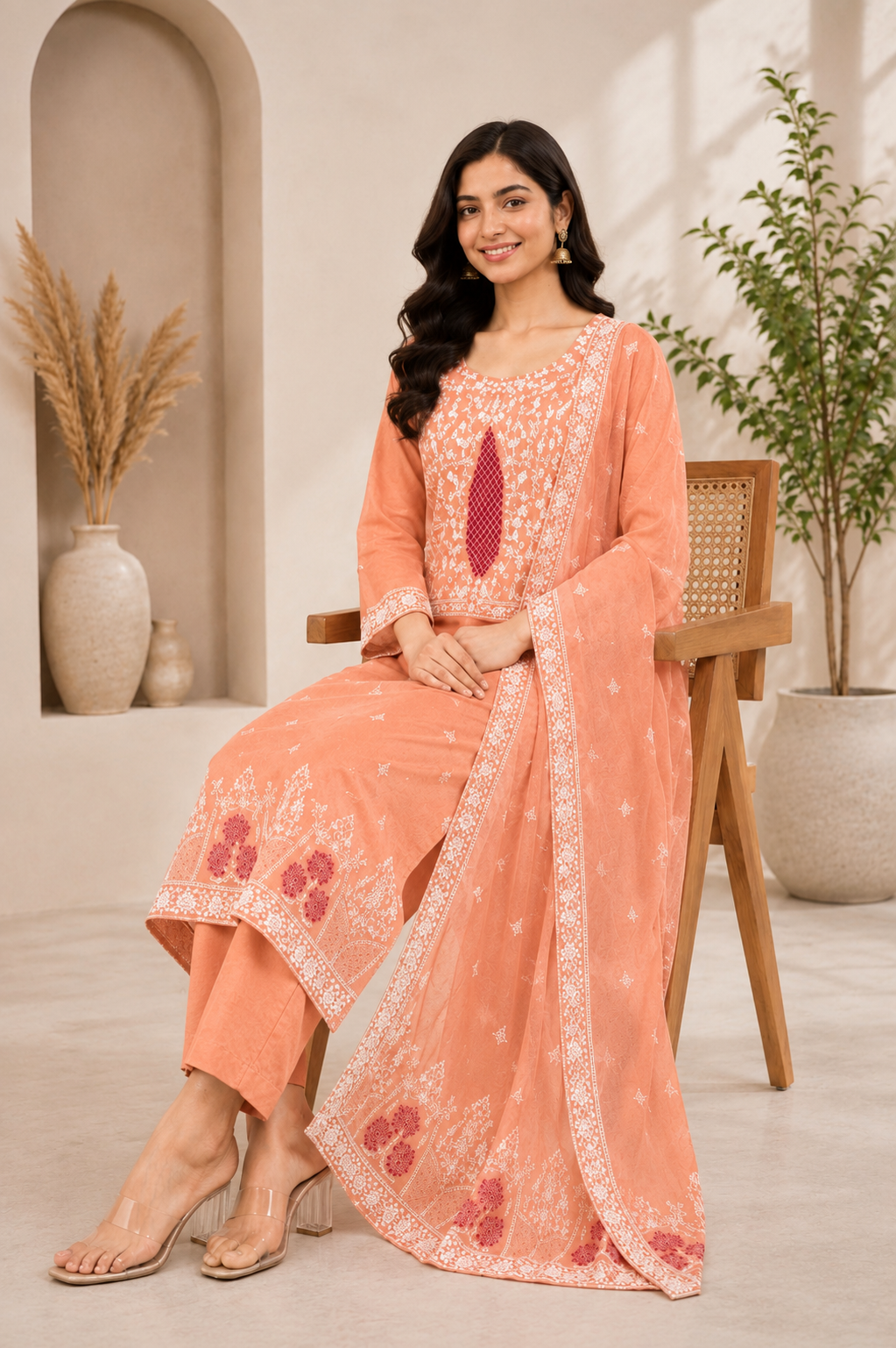 Peach Cotton Kurti Pant Dupatta Set | Designer Embroidered Ethnic Suit | Premium Daily & Festive Wear