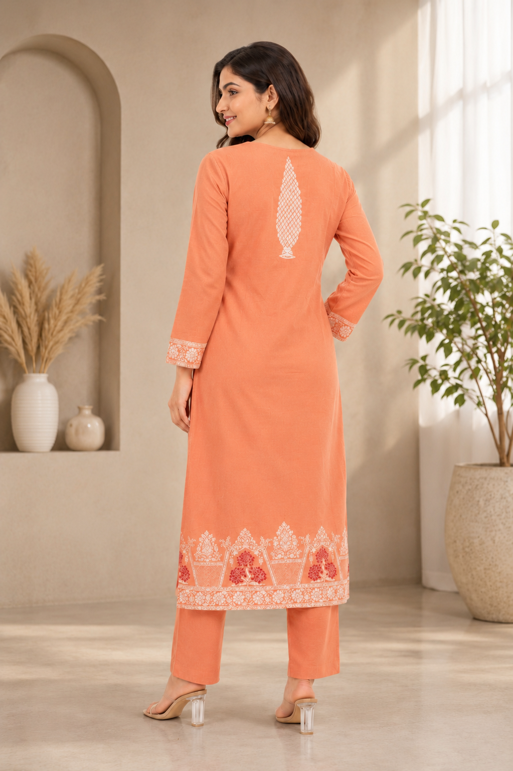 Peach Cotton Kurti Pant Dupatta Set | Designer Embroidered Ethnic Suit | Premium Daily & Festive Wear