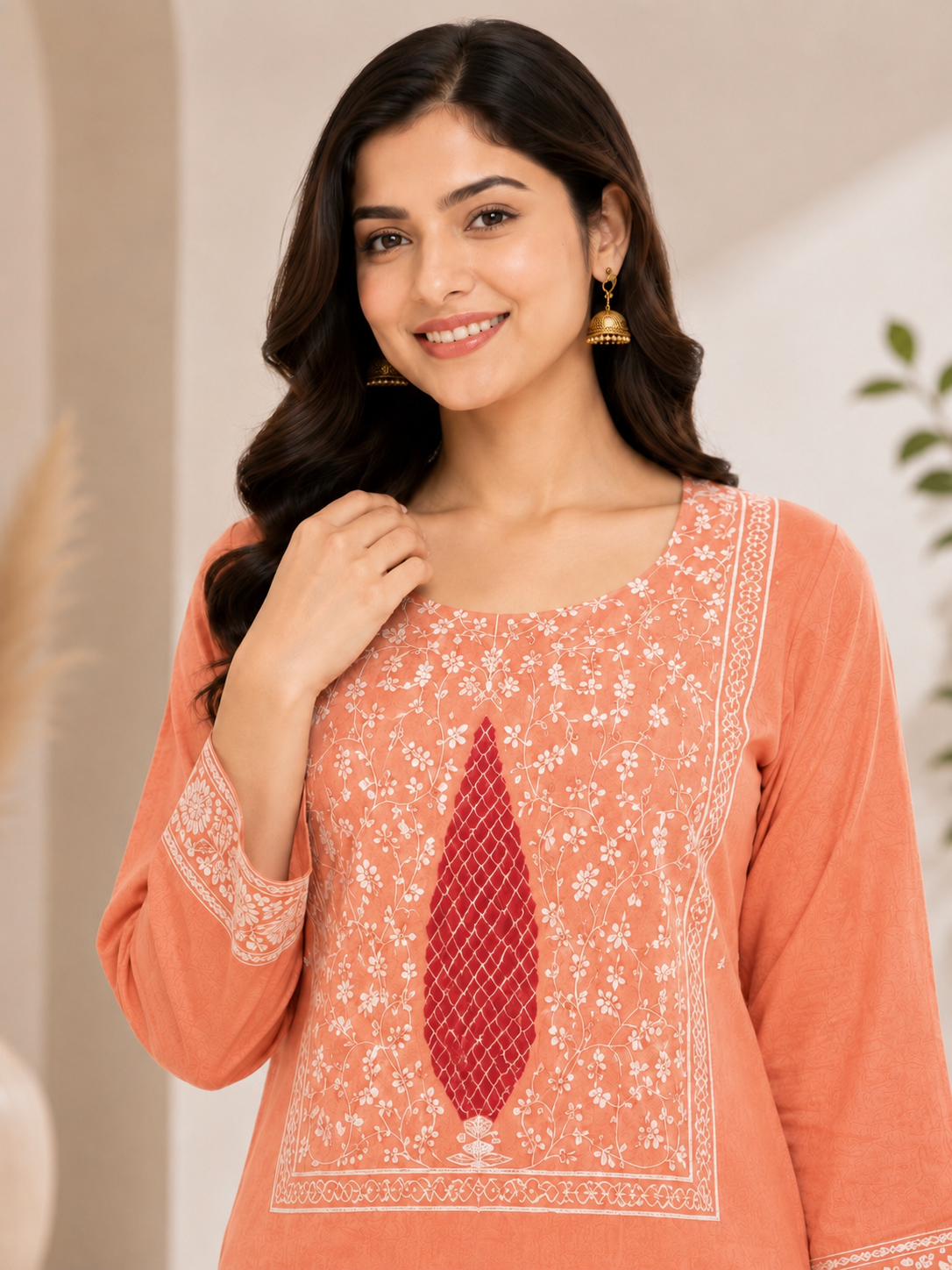 Peach Cotton Kurti Pant Dupatta Set | Designer Embroidered Ethnic Suit | Premium Daily & Festive Wear