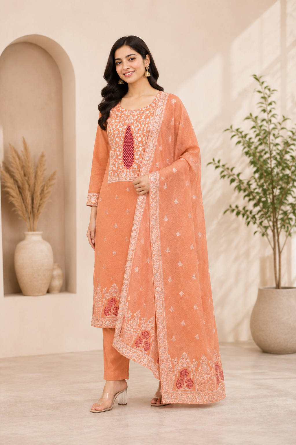 Peach Cotton Kurti Pant Dupatta Set | Designer Embroidered Ethnic Suit | Premium Daily & Festive Wear