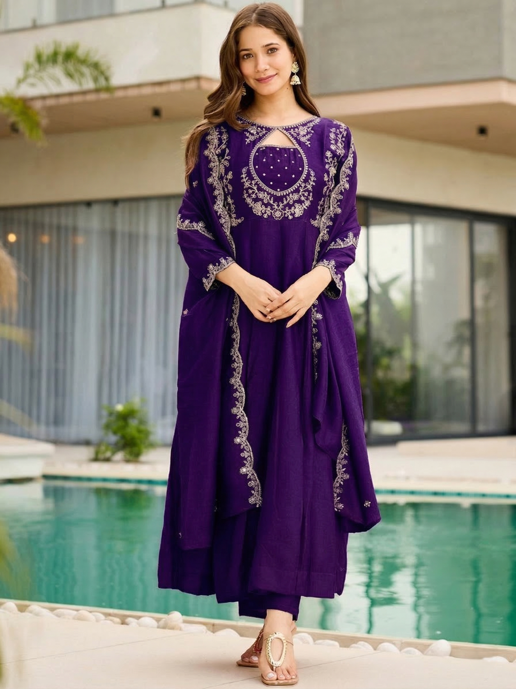 Vichitra Embroidered Anarkali Kurti Pant Set with Dupatta for Women
