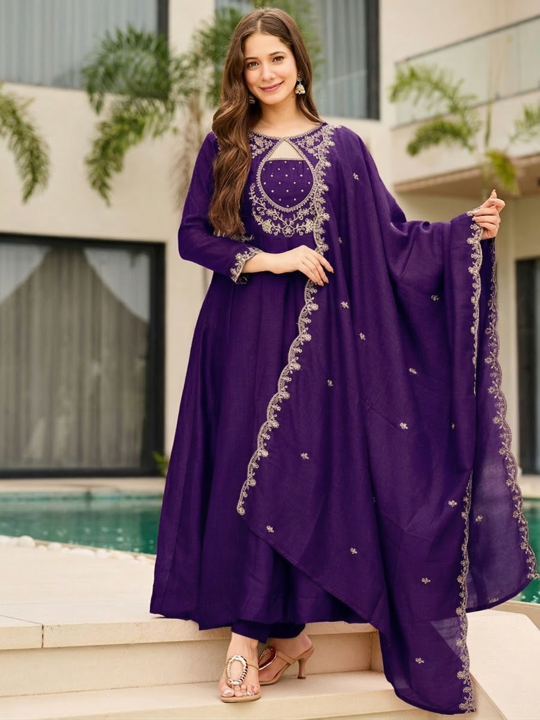 Vichitra Embroidered Anarkali Kurti Pant Set with Dupatta for Women