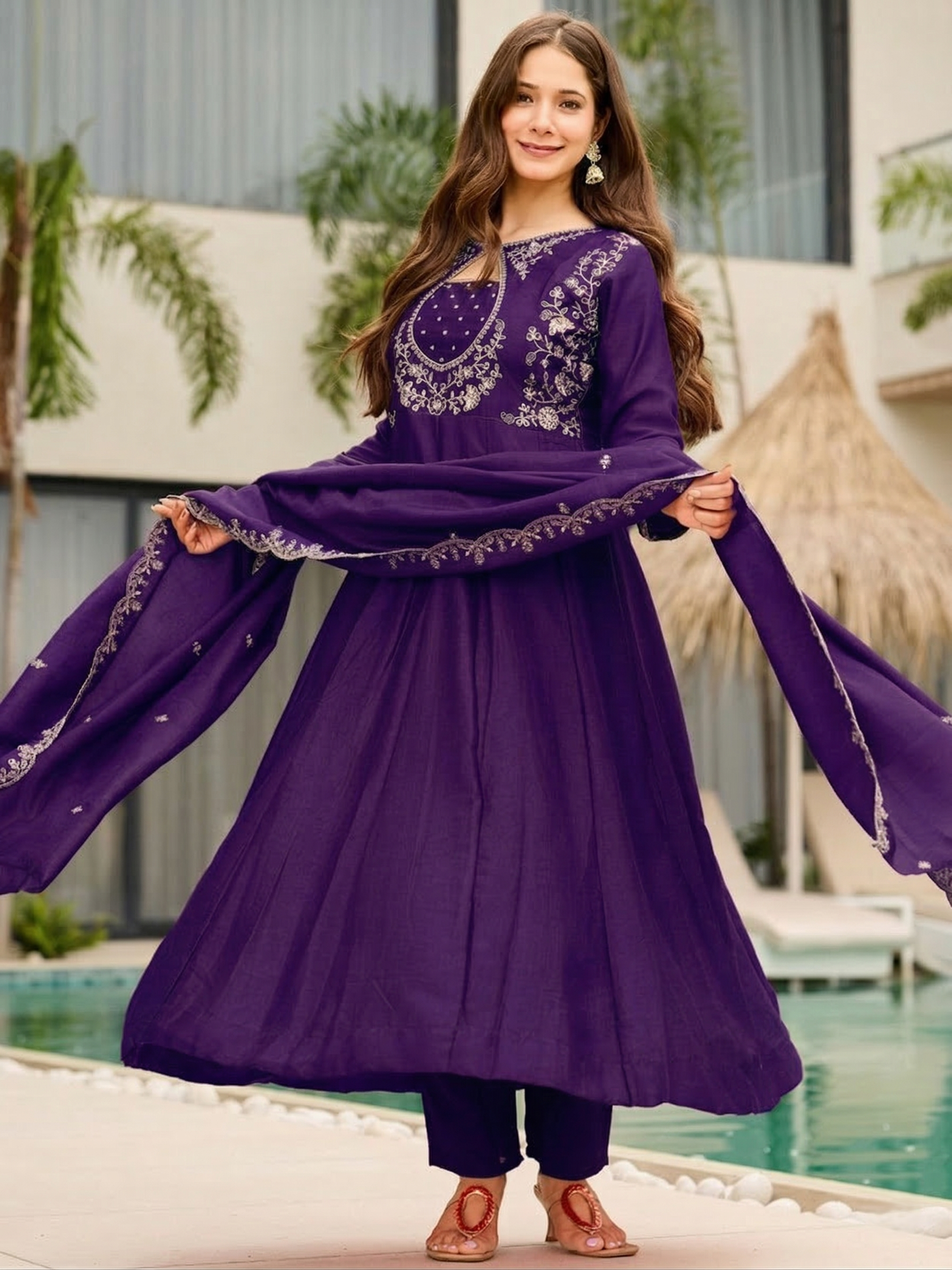 Vichitra Embroidered Anarkali Kurti Pant Set with Dupatta for Women