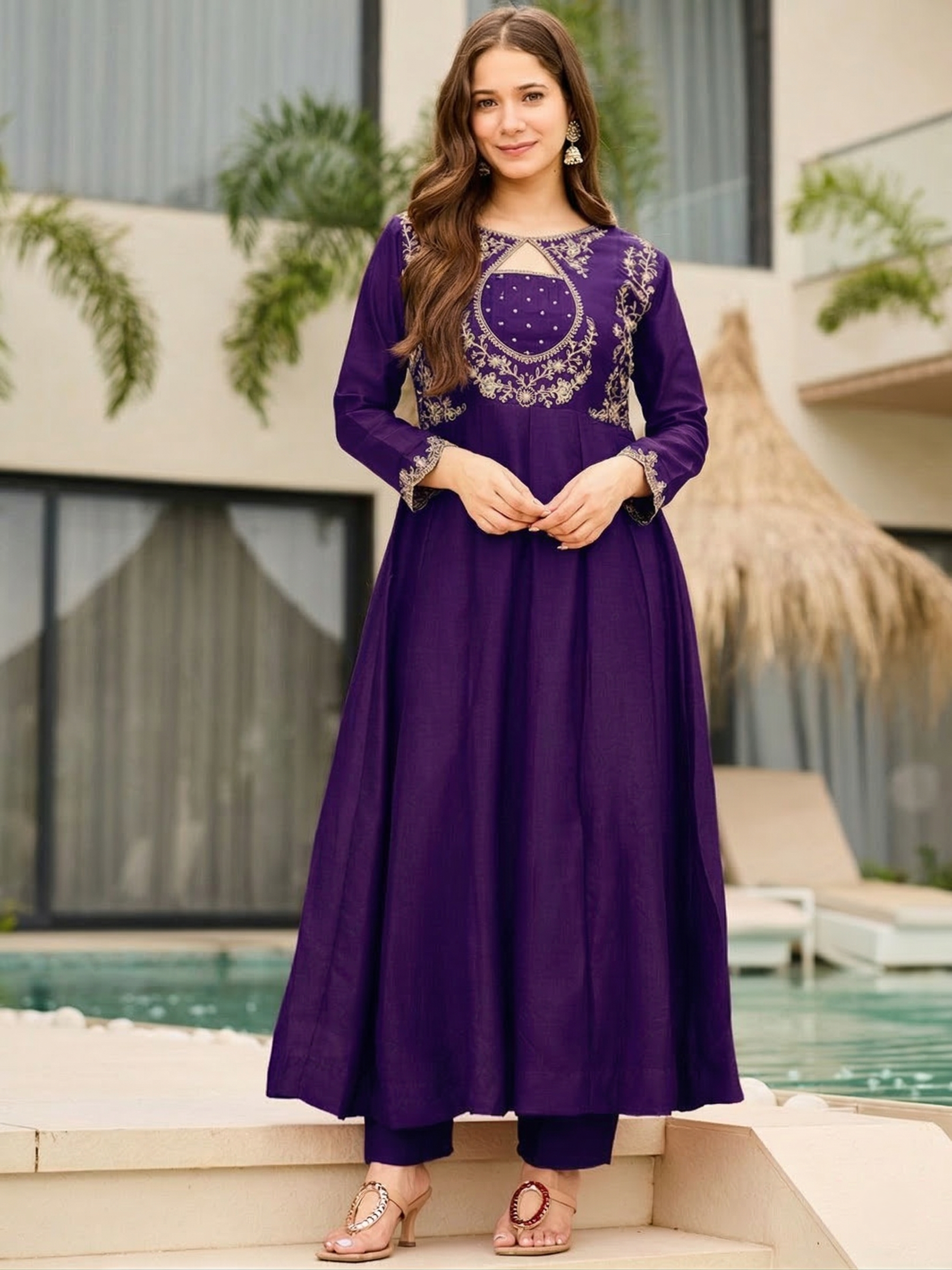 Vichitra Embroidered Anarkali Kurti Pant Set with Dupatta for Women