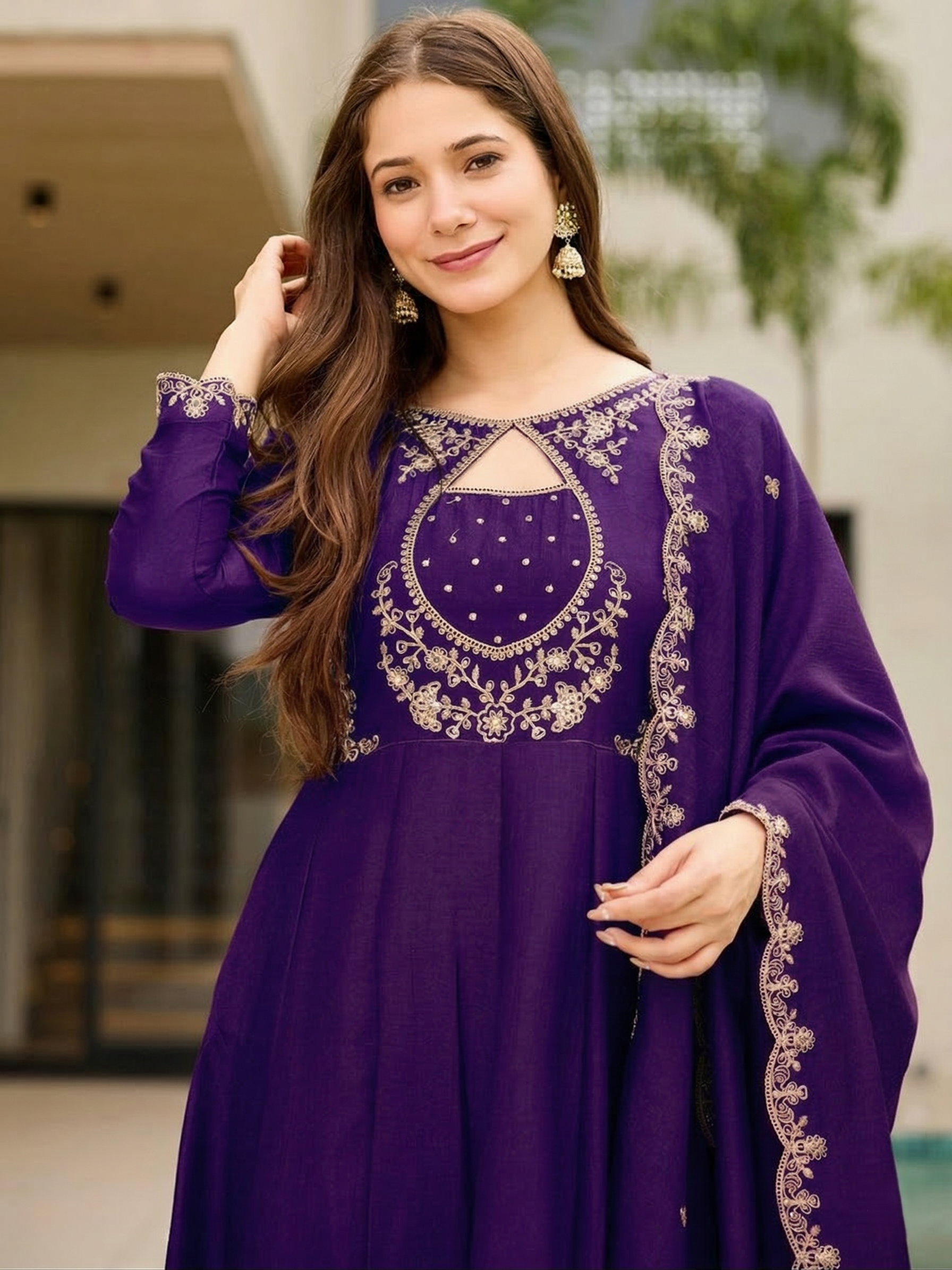 Vichitra Embroidered Anarkali Kurti Pant Set with Dupatta for Women
