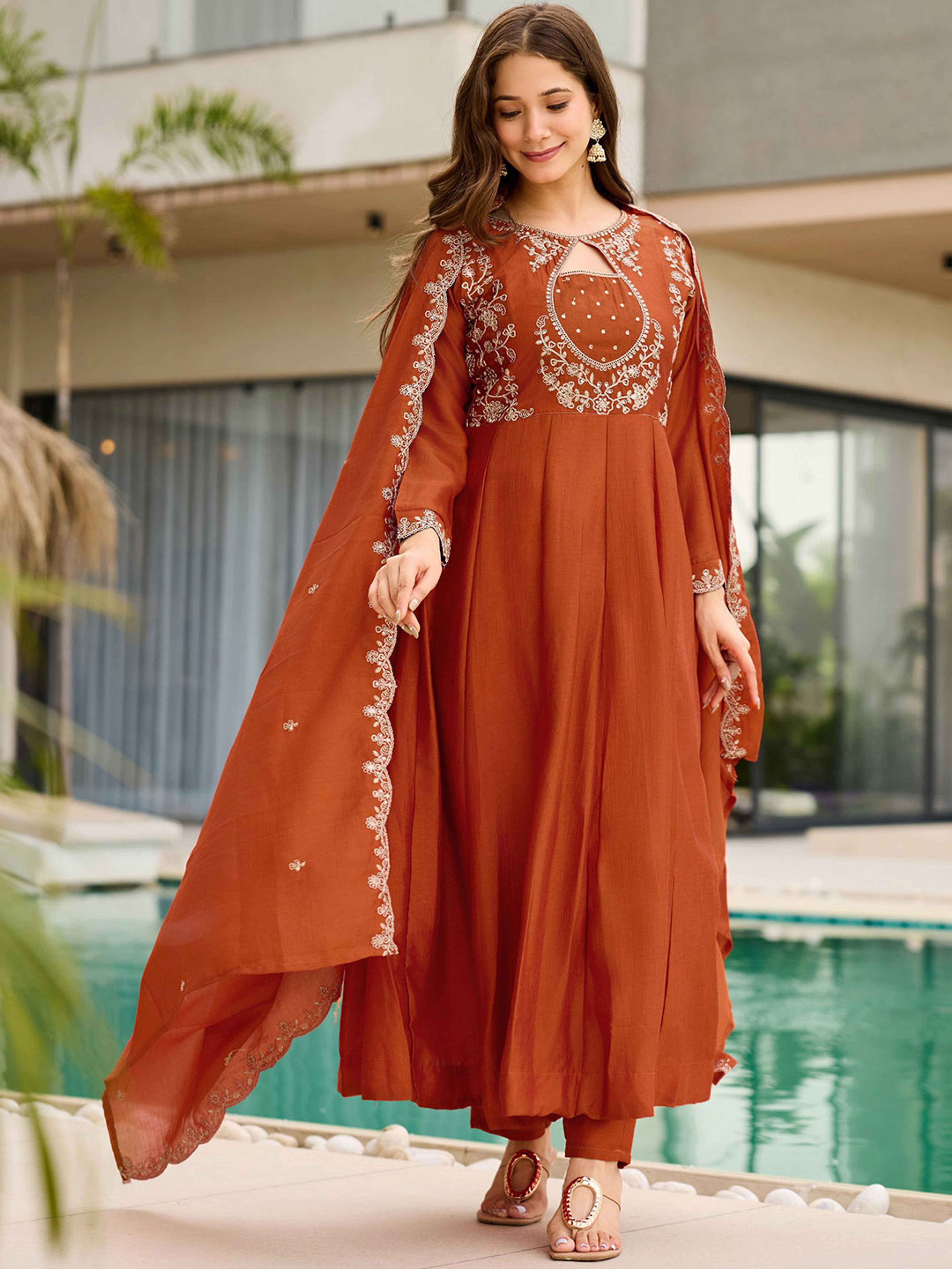 Vichitra Embroidered Anarkali Kurti Pant Set with Dupatta for Women